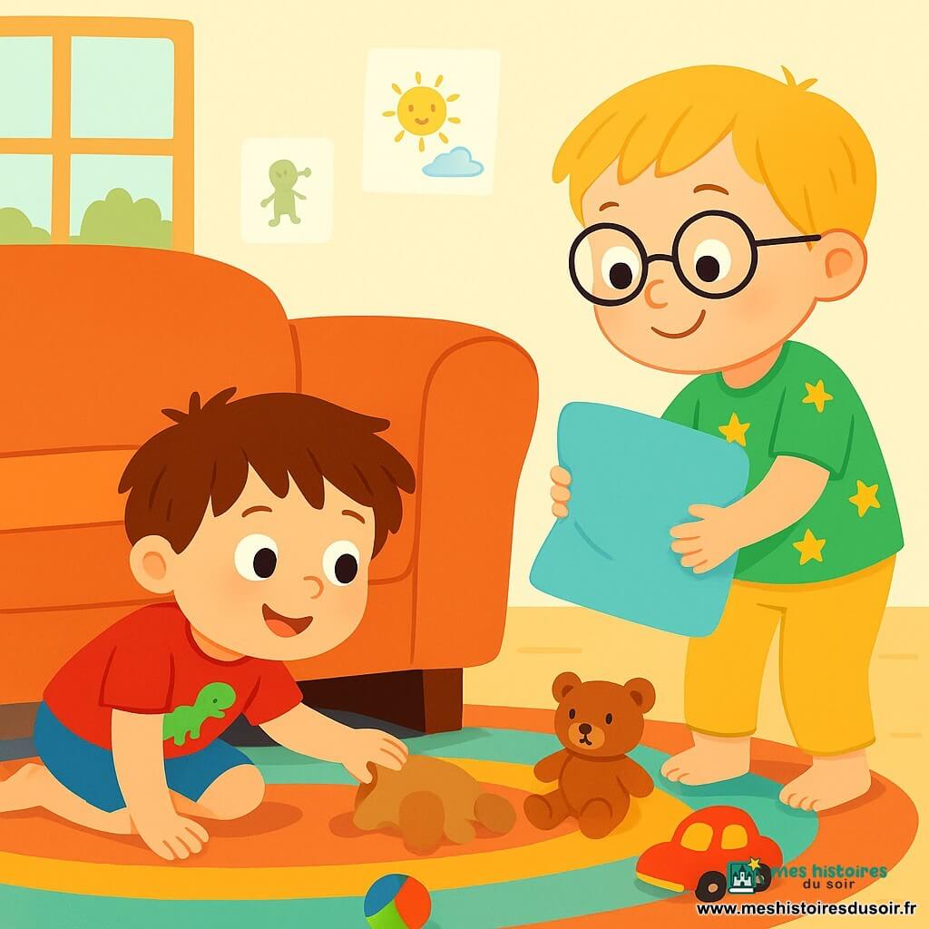 Il y a deux personnages principaux : Tom, un garçon de 5 ans aux cheveux bruns en bataille et aux yeux pétillants, portant un t-shirt rouge avec un dinosaure et un short bleu, accroupi sous le canapé ; et Léo, également âgé de 5 ans, avec des cheveux blonds et des lunettes rondes, vêtu d'un t-shirt vert avec des étoiles et d'un pantalon jaune, debout avec un coussin. L'histoire se déroule dans un salon chaleureux avec un grand canapé, un tapis coloré et des jouets éparpillés. Tom et Léo sont en pleine enquête pour retrouver Doudou, leur peluche disparue, avec des sourires concentrés sur leurs visages.