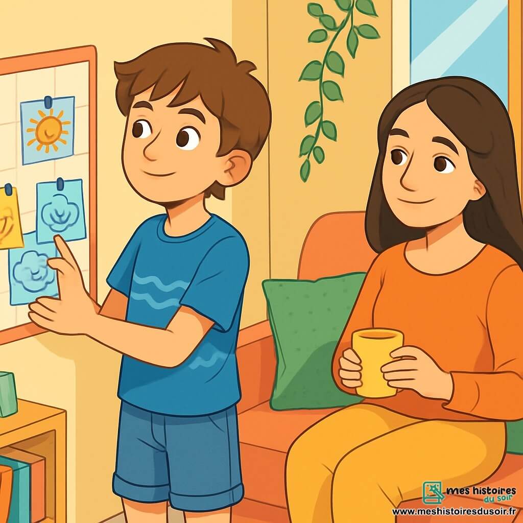 Léo, un garçon de 12 ans aux cheveux châtains et aux yeux pétillants, se tient dans un coin de son salon, pensif avec un léger sourire. Il porte un t-shirt bleu à motifs de vagues et un short en jean, les mains sur un calendrier coloré où il a épinglé des cartes avec des mots et dessins. Sa maman, une femme d’environ 35 ans aux cheveux longs et bruns, sourit en tenant une tasse de tisane, assise sur le canapé entourée de coussins colorés, regardant Léo avec fierté. Le salon est lumineux avec de grandes fenêtres, des plantes grimpantes et un coin lecture. Léo crée une « météo des émotions » sur son calendrier avec des dessins de soleils et de nuages, symbolisant ses sentiments face à la séparation de ses parents, dans une ambiance chaleureuse et réconfortante.