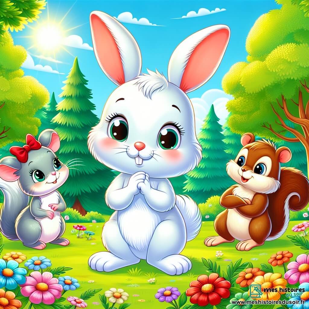 Au centre de l'image, Lapinot, un petit lapin aux grandes oreilles et à la fourrure blanche, se tient debout sur ses pattes arrière dans une clairière ensoleillée, affichant une expression gênée. À gauche, Souricette, une petite souris grise avec un nœud rouge, sourit bienveillamment assise sur une fleur. À droite, Écureuil, un écureuil brun aux yeux malicieux, croise les bras, amusé, sur une branche. La clairière est verdoyante, entourée de grands arbres et de fleurs multicolores, sous un ciel bleu clair. Lapinot avoue à ses amis qu'il a menti sur ses talents d'acrobate, tandis que Souricette et Écureuil l'écoutent avec compréhension, créant une atmosphère chaleureuse.