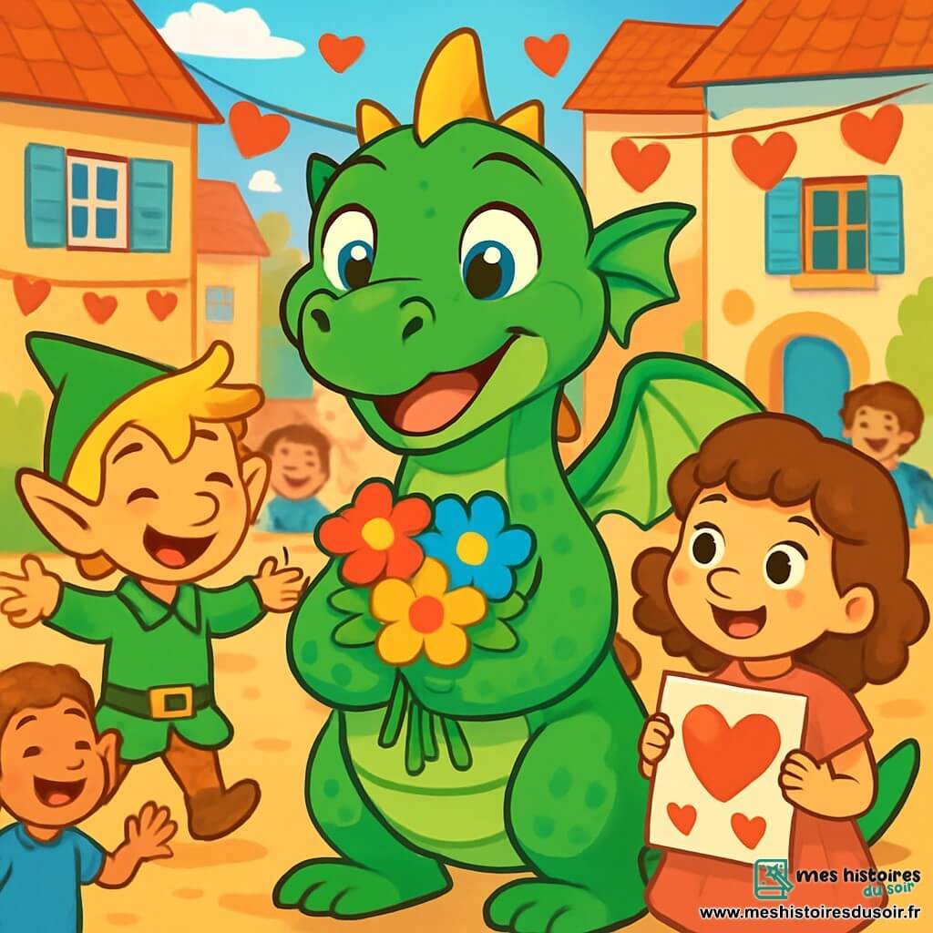 Drago, un dragon aux écailles vertes et aux yeux curieux, sourit au centre de la scène, tenant un bouquet de fleurs multicolores. À gauche, Léon, un petit lutin aux cheveux ébouriffés, exprime sa joie, tandis qu'à droite, une petite fille aux cheveux bouclés regarde Drago avec excitation. La scène se déroule sur la place du village, entourée de maisons colorées, où des enfants rient et jouent, créant une atmosphère festive. Drago partage un moment de joie avec ses amis, célébrant la Saint-Valentin avec des cartes et des sourires, symbolisant l'amitié et le partage.