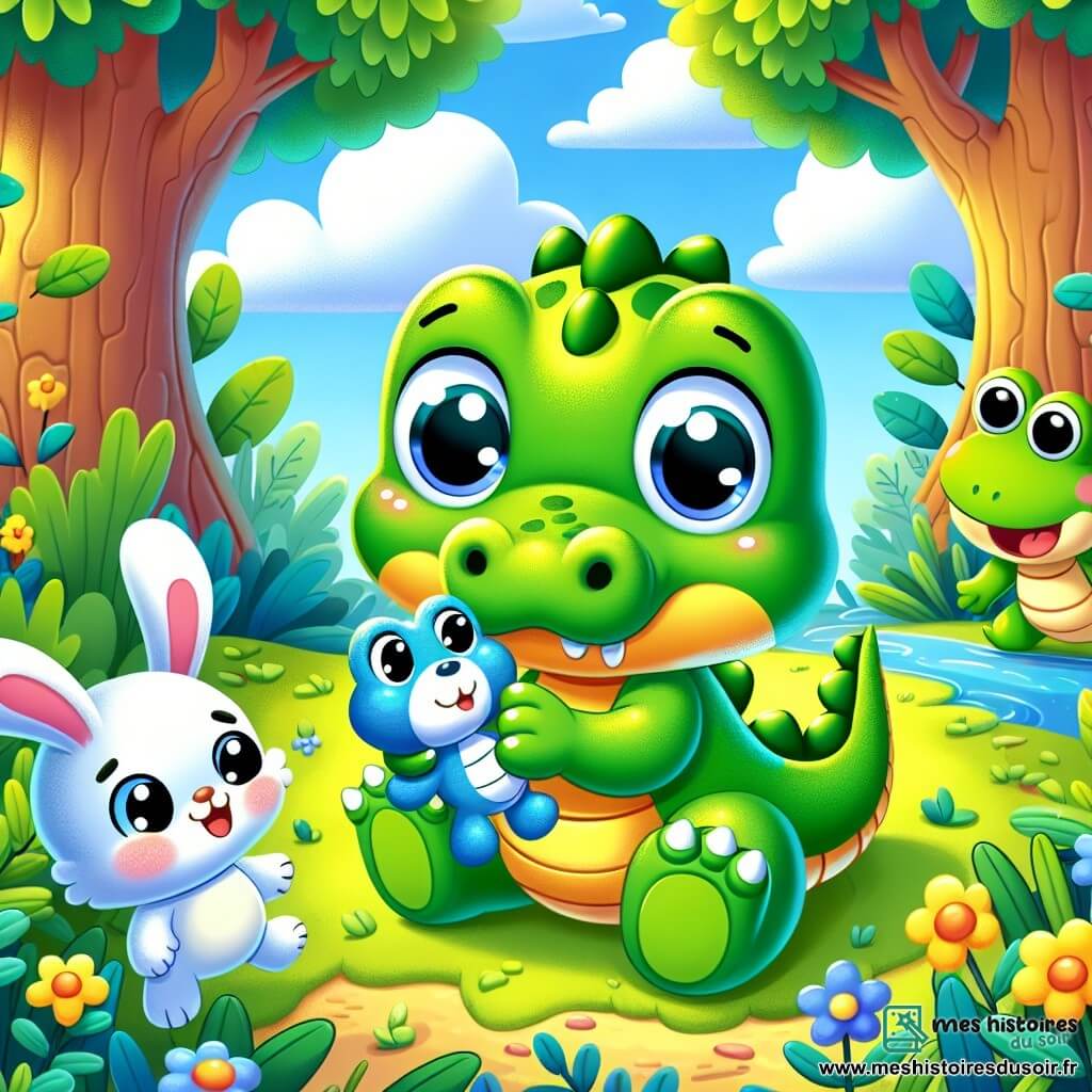 Un petit crocodile vert, nommé Crocolou, avec de grands yeux ronds et une expression inquiète, cherche son doudou bleu au milieu de la forêt. À côté de lui, une grenouille joyeuse saute sur une feuille, prête à l'aider. Un lapin blanc et curieux se tient un peu plus loin, en train de renifler le sol. L'arrière-plan montre une forêt dense avec des arbres épais, des fleurs colorées et un ciel bleu avec des nuages. Crocolou, entouré de ses amis, cherche désespérément son doudou bleu perdu, tandis que la lumière du soleil filtre à travers les feuilles.