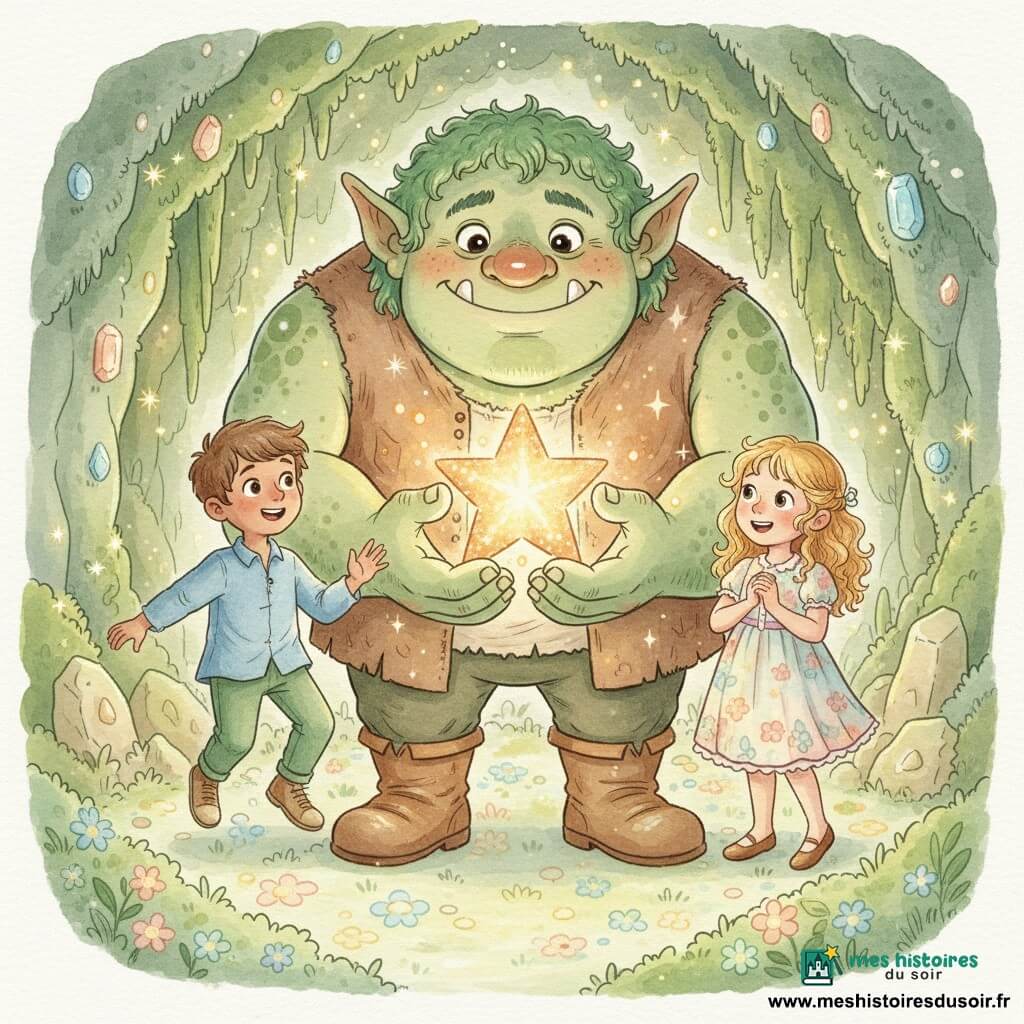 Un grand ogre vert mousse nommé Grumbo, massif mais bienveillant, sourit tendrement en tenant délicatement une étoile dorée scintillante; à sa droite Lila, une fillette aux cheveux bouclés dorés en robe à fleurs pastel, presse l’étoile contre sa poitrine, et à sa gauche Max, un garçon aux cheveux bruns courts en chemise bleue et pantalon vert, saute d’excitation; ils forment un petit groupe complice au centre d’une grotte tapissée de mousse et de pierres précieuses, sol fleuri scintillant, éclairage chaud et doré projetant des reflets cuivrés et des étincelles; style aquarelle douce aux textures floues et couches translucides, détails rehaussés de traits blancs pour les reflets.