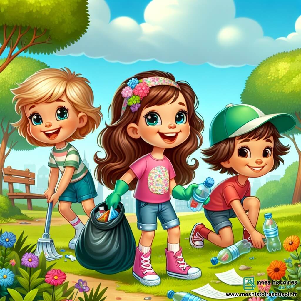 Lola, une petite fille de 6 ans aux grands yeux brillants et aux cheveux châtains bouclés, sourit en tenant un sac poubelle d'une main et un gant coloré de l'autre. Elle porte un t-shirt rose avec un dessin de fleur et un short en jean. À côté d'elle, Max, un garçon de 6 ans aux cheveux blonds, ramasse une bouteille en plastique avec détermination. Clara, une autre petite fille de 6 ans aux cheveux longs, porte une casquette verte et se penche pour ramasser un papier, souriant fièrement. Le parc est verdoyant avec de l'herbe, des fleurs et des arbres, sous un ciel bleu parsemé de nuages blancs. Lola et ses amis nettoient le parc en ramassant des déchets, riant et chantant tout en profitant de la nature.