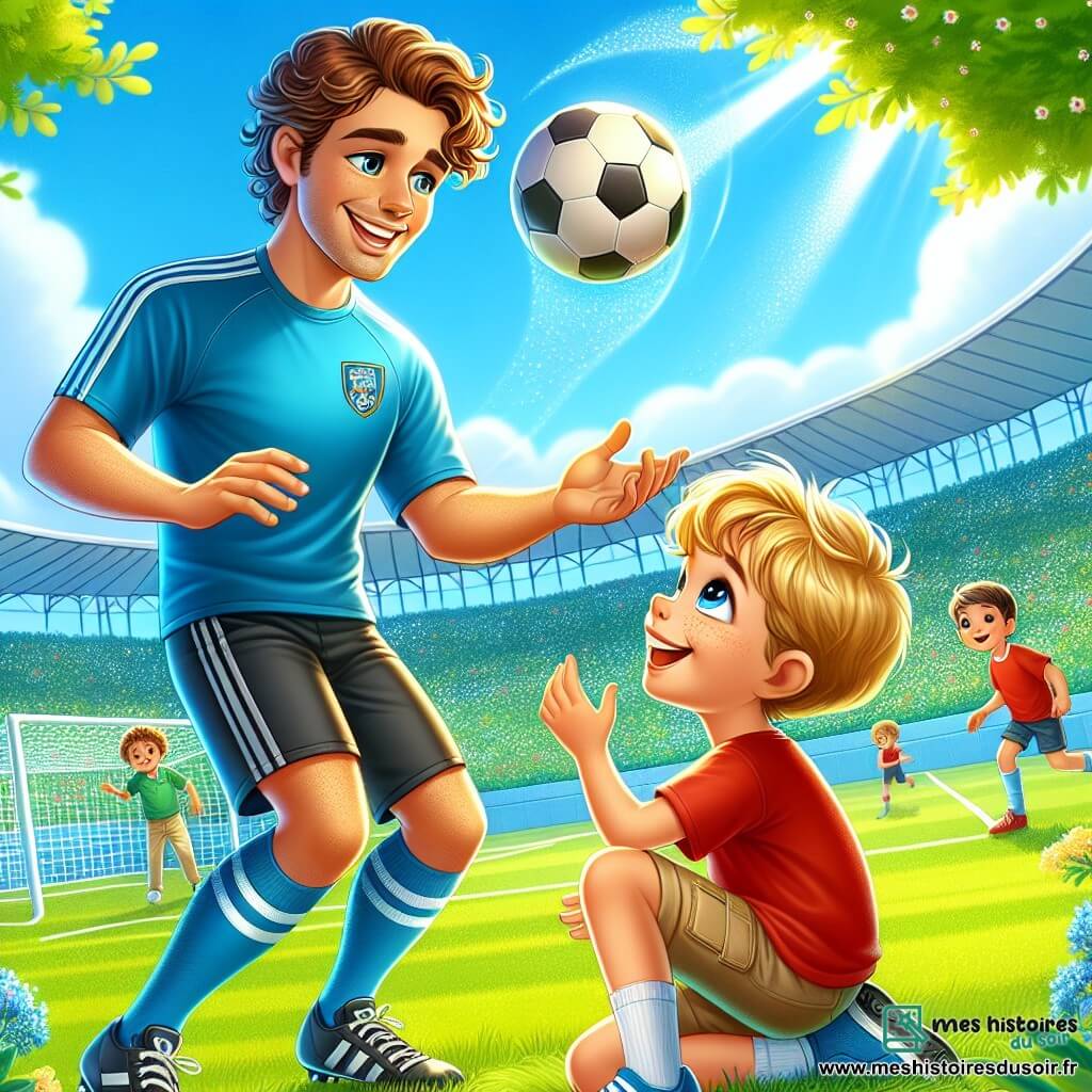 Maxime, un homme athlétique d'une trentaine d'années aux cheveux bruns et bouclés, porte un maillot de football bleu et un short noir. Il sourit en jonglant habilement avec un ballon de football. À ses côtés, Lucas, un garçon de 10 ans aux cheveux blonds, est assis sur l'herbe en t-shirt rouge et short beige, admirant Maxime et prêt à apprendre. Le décor est un stade verdoyant sous un ciel bleu, avec des arbres en fleurs et des enfants jouant au loin. L'atmosphère est joyeuse, avec Maxime jonglant et Lucas l'observant émerveillé.