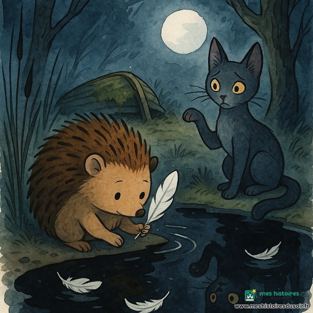 Milo, petit hérisson aux piquants courts et bruns, accroupi au bord d'un étang d'encre noire, tient délicatement une plume blanche entre ses piquants tandis que Sélène, un chat élancé gris aux reflets argentés, se tient derrière lui, patte levée, regardant son reflet; des ombres triangulaires timides glissent au sol autour d'arbres noueux, roseaux et une vieille barque renversée couverte de mousse bordent l'eau sous une pâle lueur de lune; ambiance silencieuse, tendre et légèrement inquiétante, rendu en encre colorée avec lavis, contours nets et touches lumineuses pour les plumes.