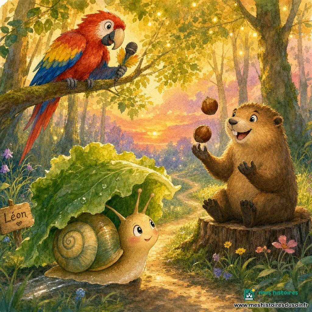 Un escargot nommé Léon à la coquille crème et verte et au corps brillant rampe sous une grande feuille, laissant une trace brillante, pendant que Marcel la marmotte au pelage brun, assis sur une souche, jongle avec deux noisettes et sourit ; un perroquet rouge, bleu et jaune perché au-dessus tient un micro de plumes comme un présentateur, le tout dans une forêt lumineuse au coucher du soleil aux couleurs chaudes aquarellées, ambiance douce et drôle.