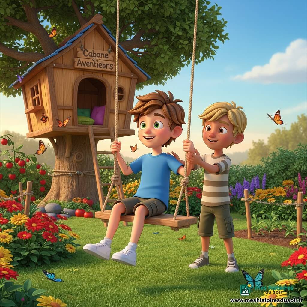 Lucas, 10 ans, cheveux châtains en bataille, yeux verts, t-shirt bleu et baskets blanches, souriant et assis sur une balançoire en corde; Tom, 10 ans, blond avec taches de rousseur, short kaki et chemise rayée, le pousse gentiment depuis la droite; en arrière-plan une cabane en bois perchée dans un grand chêne avec coussins visibles et panneau « Cabane des Aventuriers », jardin fleuri et potager avec tomates, papillons; lumière dorée d’après-midi, ciel bleu, ambiance chaleureuse, style cartoon 3D cel-shading, composition centrée sur l’amitié des garçons.