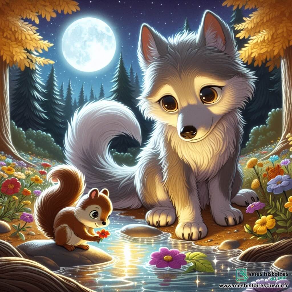 Un petit loup nommé Loulou, au pelage doux et argenté, se tient au bord d'un ruisseau sous la lumière de la lune. Ses grands yeux expriment une tristesse alors qu'il dépose une fleur sur l'eau en signe d'adieu. À ses côtés, un petit écureuil nommé Squirrel, au pelage brun, le regarde avec nostalgie, tenant une photo de son grand-père. Ils se trouvent dans une clairière paisible, entourée d'arbres aux feuilles dorées et de fleurs sauvages. La scène est éclairée par une lumière douce, reflétant une atmosphère de sérénité. Loulou et Squirrel rendent hommage au grand-père de Squirrel en déposant des fleurs dans le ruisseau, symbolisant l'amour et les souvenirs perdurants.