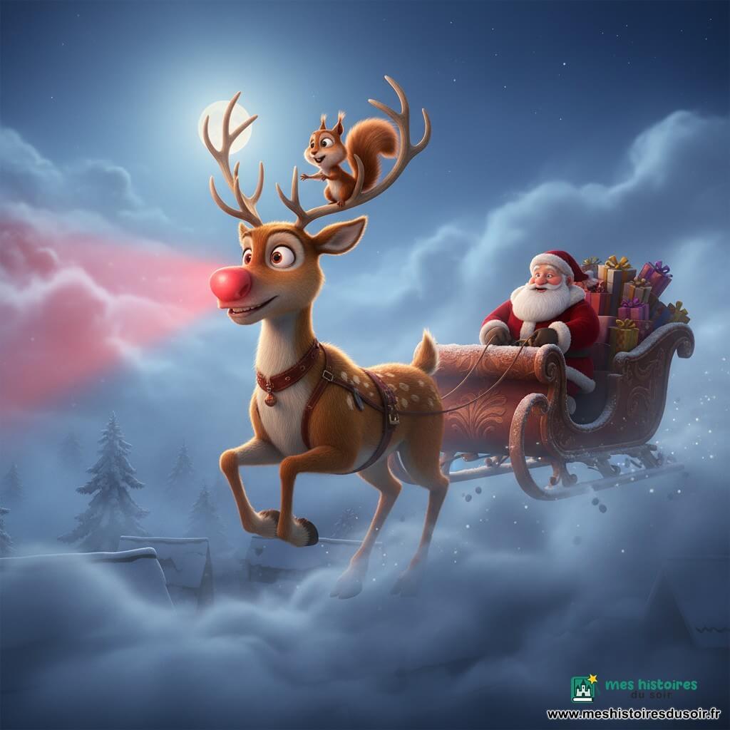 Un petit renne brun doré aux grands yeux et au nez rouge lumineux guide courageusement un traîneau en bois chargé de cadeaux, galopant dans un ciel nocturne hivernal brumeux ; le Père Noël, vieil homme rond et souriant en manteau rouge, tient les rênes derrière lui tandis qu'un écureuil roux s'accroche à une de ses oreilles, et le faisceau rouge du nez perce la brume, créant des reflets sur la neige et une atmosphère magique.