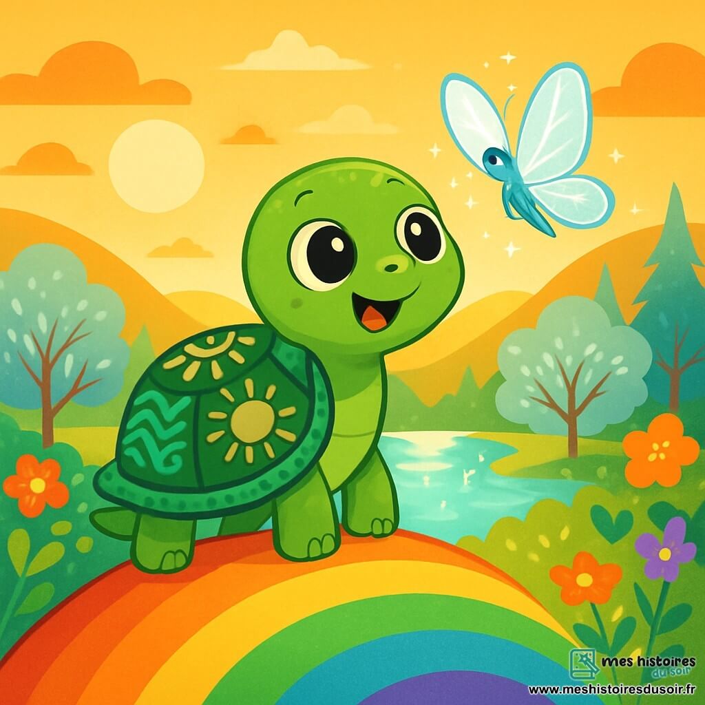 Une tortue nommée Tilly, avec une carapace verte ornée de motifs de vagues et de soleils dansants, se tient au sommet d'une colline arc-en-ciel. Ses grands yeux brillants expriment l'émerveillement et la joie en regardant un lac étincelant en contrebas. À ses côtés, un papillon nommé Luna, aux ailes transparentes et scintillantes, vole gracieusement autour d'elle. En arrière-plan, la vallée des Rêves s'étend, avec des arbres aux feuilles d'argent et des fleurs colorées dansant au gré du vent, baignées dans une lumière dorée. Tilly, curieuse, est prête à explorer ce monde enchanteur, entourée de la beauté de la nature.