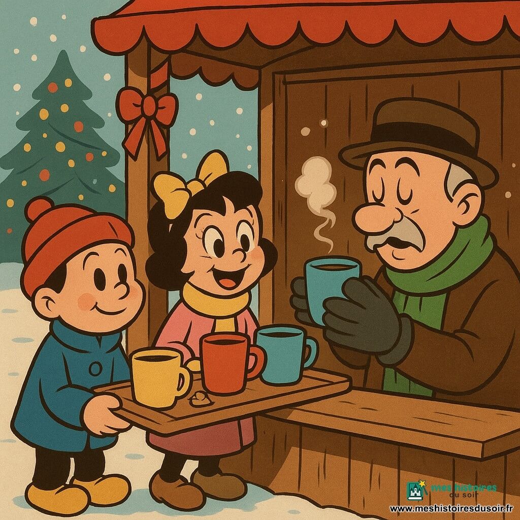 Léo et Inès, deux enfants de 6 ans, sont les protagonistes de cette scène hivernale. Léo, avec un manteau bleu et un bonnet rouge, et Inès, vêtue d'un manteau rose et d'une écharpe jaune, tiennent ensemble un plateau en bois avec des tasses colorées. Ils se trouvent dans un kiosque en bois décoré de rubans rouges sur une place enneigée, devant un grand sapin de Noël illuminé. Ils servent du chocolat chaud à un facteur âgé, qui souffle sur ses doigts glacés, en signe de gratitude. Un petit grelot doré sur le plateau ajoute une touche magique à l'ensemble.