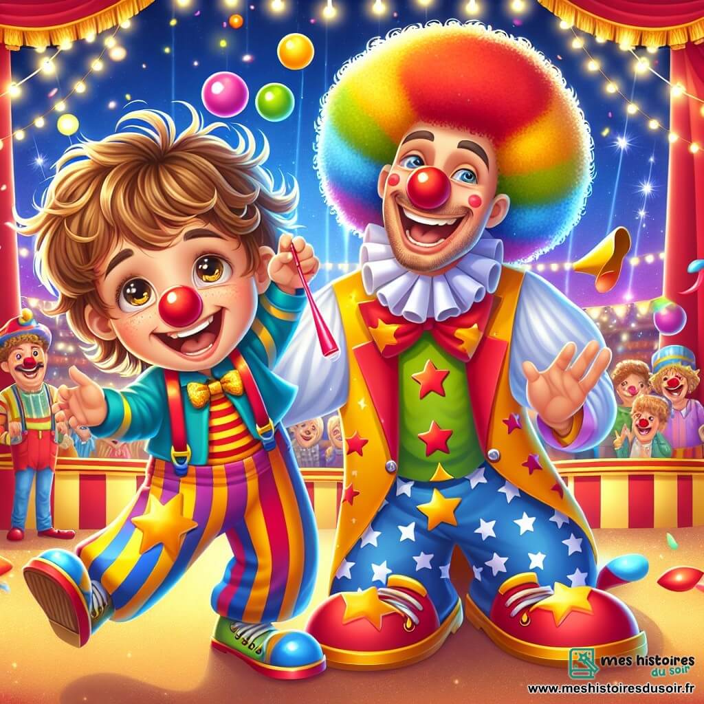 Un garçon de 6 ans, Léo, avec des cheveux bruns en bataille et des yeux pétillants, porte un costume de clown coloré. Il sourit en tenant un nez rouge en plastique et fait des grimaces. À ses côtés, Max, un clown jovial d'environ 30 ans, rit en lançant des balles en l'air. En arrière-plan, un chapiteau de cirque rayé rouge et jaune est entouré de lumières scintillantes et de spectateurs émerveillés. La scène est colorée et remplie de confettis, capturant l'excitation d'un spectacle de cirque. Léo et Max réalisent un numéro comique qui amuse le public.