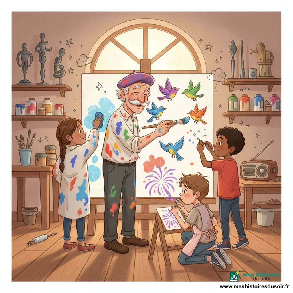 Maître Léo, homme souriant au visage ridé et moustache touffue, béret violet et chemise tachée, tient un grand pinceau et peint des oiseaux multicolores sur une immense toile; Zoé, fillette en tresse et blouse trop grande tachée de bleu, tamponne une forme nuageuse à l'éponge à gauche; Malik, garçon concentré en t-shirt rouge, fait des points étoilés à l'extrémité d'un pinceau à droite de Maître Léo; Tom, timide et émerveillé, en tablier rose pâle, souffle de la peinture à la paille pour créer un feu d'artifice violet, agenouillé devant un chevalet bas; l'atelier chaleureux a un sol en planches, une grande fenêtre laissant entrer une lumière dorée, étagères de pots de peinture vifs, rouleaux, vieux pinceaux, sculptures en métal et une radio vintage; la scène montre les quatre en création collective devant la toile, rires silencieux, éclaboussures de peinture formant un tableau foisonnant de couleurs et motifs joyeux; style graphique aux couleurs saturées, textures de peinture visibles, traits doux et arrondis, petits doodles (étoiles, lignes ondulées, cœurs) en superposition pour un rendu enfantin et magique.
