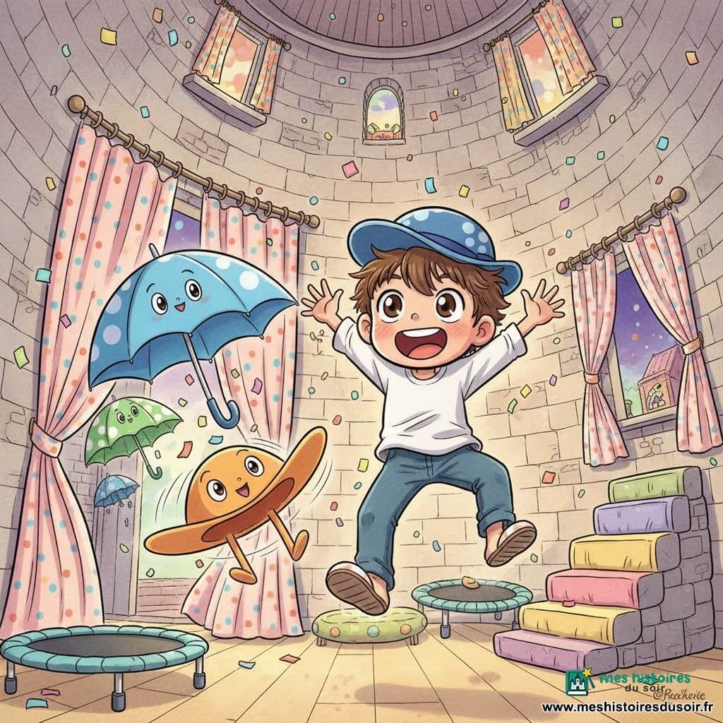 Malo, garçon de 4 ans joyeux aux cheveux bruns en bataille et chapeau bleu, saute à cloche-pied, bras en l'air et sourire large ; Chapo, un chapeau orange animé, bondit près de lui tandis qu'une famille de parapluies à pois (un grand bleu, deux verts) rit et se cache derrière des rideaux, le tout dans la grande salle ronde d'une tour penchée en pierre aux murs colorés et motifs rayés, éclairée d'une lumière douce avec confettis tombants — ambiance loufoque, colorée et mouvementée.