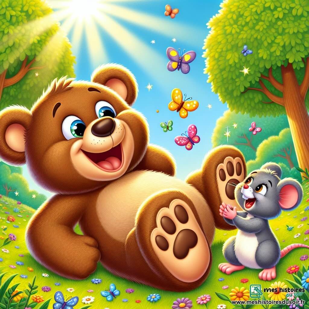 Un ours en peluche nommé Oscar, avec un pelage brun et des yeux pétillants, est allongé sur le dos dans une clairière ensoleillée, riant. À côté de lui, une petite souris grise nommée Lila, avec de grandes oreilles, le regarde en riant. La clairière est entourée d'arbres verts et de papillons colorés. L'herbe est verte et parsemée de fleurs sauvages. Oscar et Lila s'amusent ensemble, Oscar essayant de se lever en imitant un papillon, tandis que Lila l'encourage.
