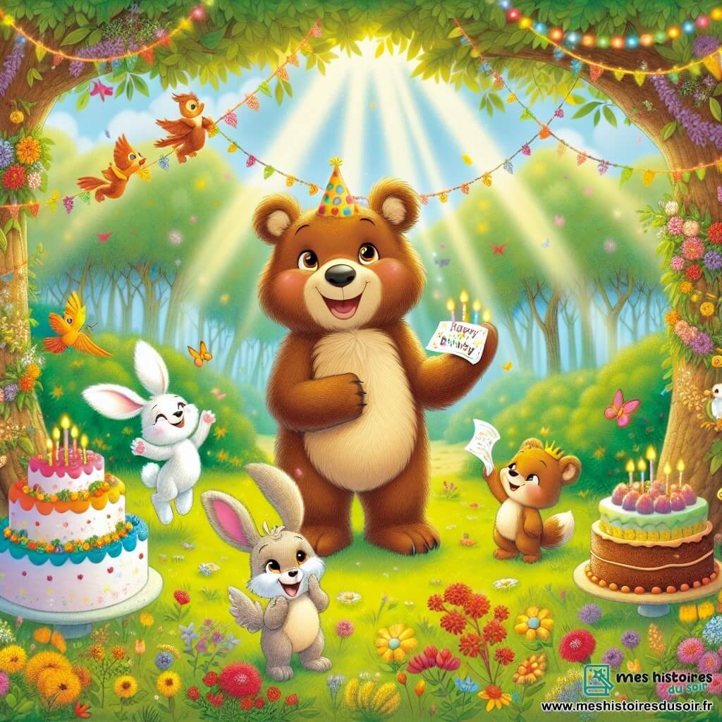 Un grand ours brun nommé Oscar, au pelage doux et aux yeux pétillants, se tient au centre d'une clairière ensoleillée, entouré de gâteaux colorés et de guirlandes de fleurs. Il sourit, les bras ouverts, prêt à accueillir ses amis pour sa fête d'anniversaire. À sa droite, un petit lapin nommé Tobi, aux longues oreilles et aux yeux vifs, saute de joie avec une invitation dans ses pattes. À gauche, un dragon miniature nommé Flambo bat des ailes avec curiosité, prêt à montrer la forêt d'en haut. La clairière est décorée de fleurs multicolores, baignée de soleil, avec des oiseaux chantant et un léger vent. Oscar célèbre son anniversaire entouré de ses amis, créant un moment de bonheur partagé.