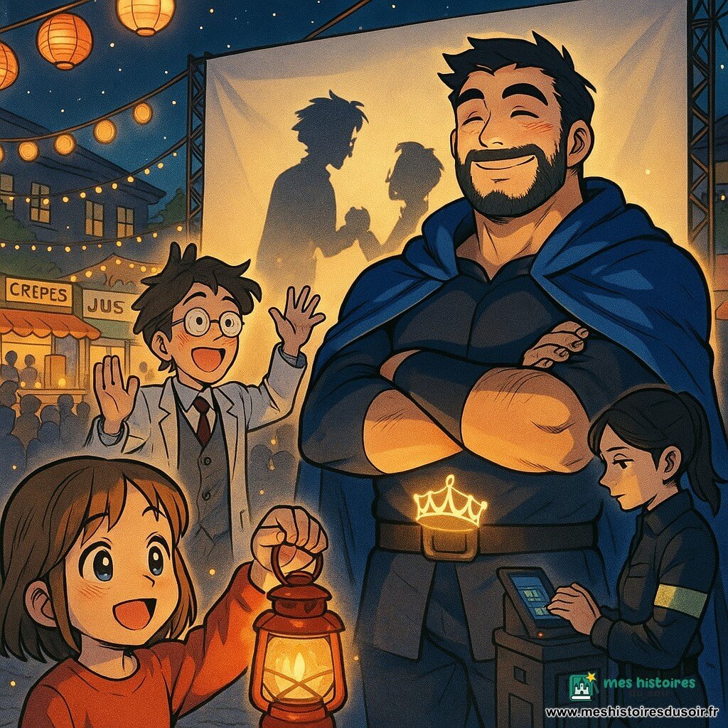 Un homme grand et musclé mais bienveillant, manteau bleu électrique, barbe courte noire et sourire soulagé, bras croisés, tenant légèrement une couronne de petites guirlandes lumineuses autour des poignets, éclairé d’une lueur chaude; le professeur Voltige, trentenaire aux cheveux en bataille et lunettes rondes, rougissant d’émotion, mains levées sur la scène devant un grand projecteur d’ombres; Mila, femme de 25–30 ans en tenue de sécurité sombre avec brassard réfléchissant, près de la régie à droite du héros, tapotant un petit terminal, concentrée; une fillette d’environ 7 ans au premier plan tenant une lanterne rouge scintillante, émerveillée; la place du festival, grande esplanade pavée avec guirlandes de lanternes, stands colorés, banderoles et une grande toile blanche sous un ciel nocturne étoilé; scène principale de réconciliation: le spectacle d’ombres projette sur la toile une grande silhouette d’un héros et d’un inventeur se tenant la main, public éclairé par des points chauds dorés, ambiance chaleureuse et festive avec forts contrastes entre ombres noires et lumières dorées.