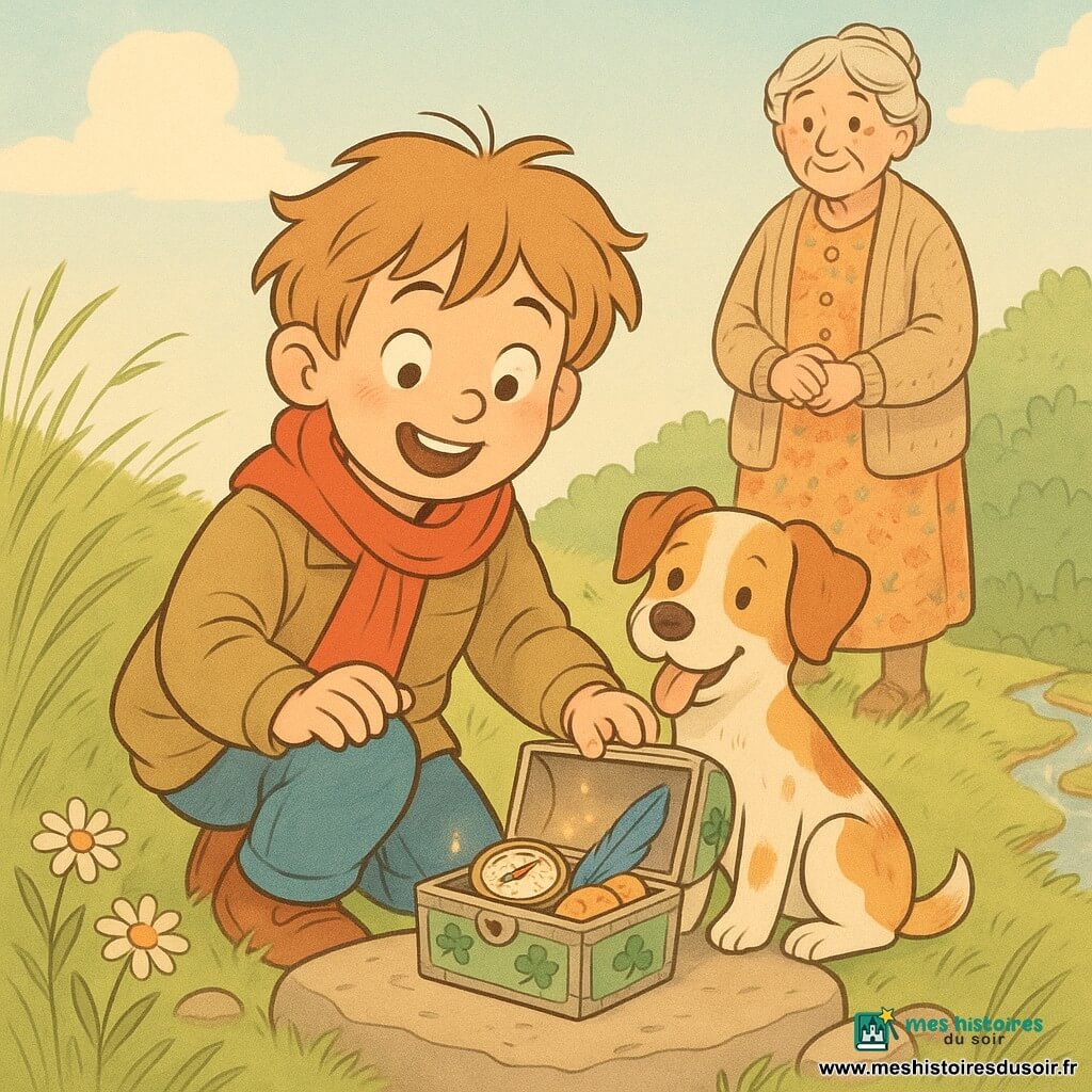 Un garçon de 6 ans au visage rond, cheveux châtain clair en bataille, écharpe rouge et veste kaki, accroupi pour ouvrir un petit coffre en métal peint de trèfles posé sur une pierre, son chien Tom, petit mâle aux oreilles souples et pelage brun clair tacheté de blanc, assis près de sa jambe droite la langue sortie, et une grand-mère aux cheveux gris en chignon, robe à fleurs et gilet tricoté, debout quelques pas derrière, mains jointes et regard tendre ; au sommet d'une colline herbeuse sous un ciel bleu pâle avec marguerites, pierres chauffées par le soleil, un ruisseau en contrebas et une forêt en arrière-plan, le coffre révèle une boussole usée, une plume bleue et des biscuits, lumière chaude et couleurs pastel, atmosphère de découverte joyeuse centrée sur le garçon et le coffre.