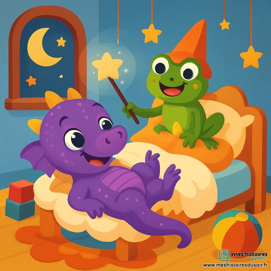 Toupitou, le petit dragon violet, est allongé sur son lit en nuage, avec des yeux curieux et un grand sourire. Ses écailles scintillent sous la lumière de la lune. Grenouillou, la grenouille verte avec un chapeau pointu, est perchée sur l'oreiller, ses yeux pétillants de malice et un sourire espiègle. Elle agite une baguette magique, prête à exaucer un vœu drôle. La scène se déroule dans une chambre chaleureuse, décorée de étoiles dorées et de murs bleus. Un tapis en forme de fleur est au sol, et des jouets colorés sont éparpillés. Toupitou et Grenouillou se préparent à faire un vœu rigolo, remplis d'excitation et de rires.