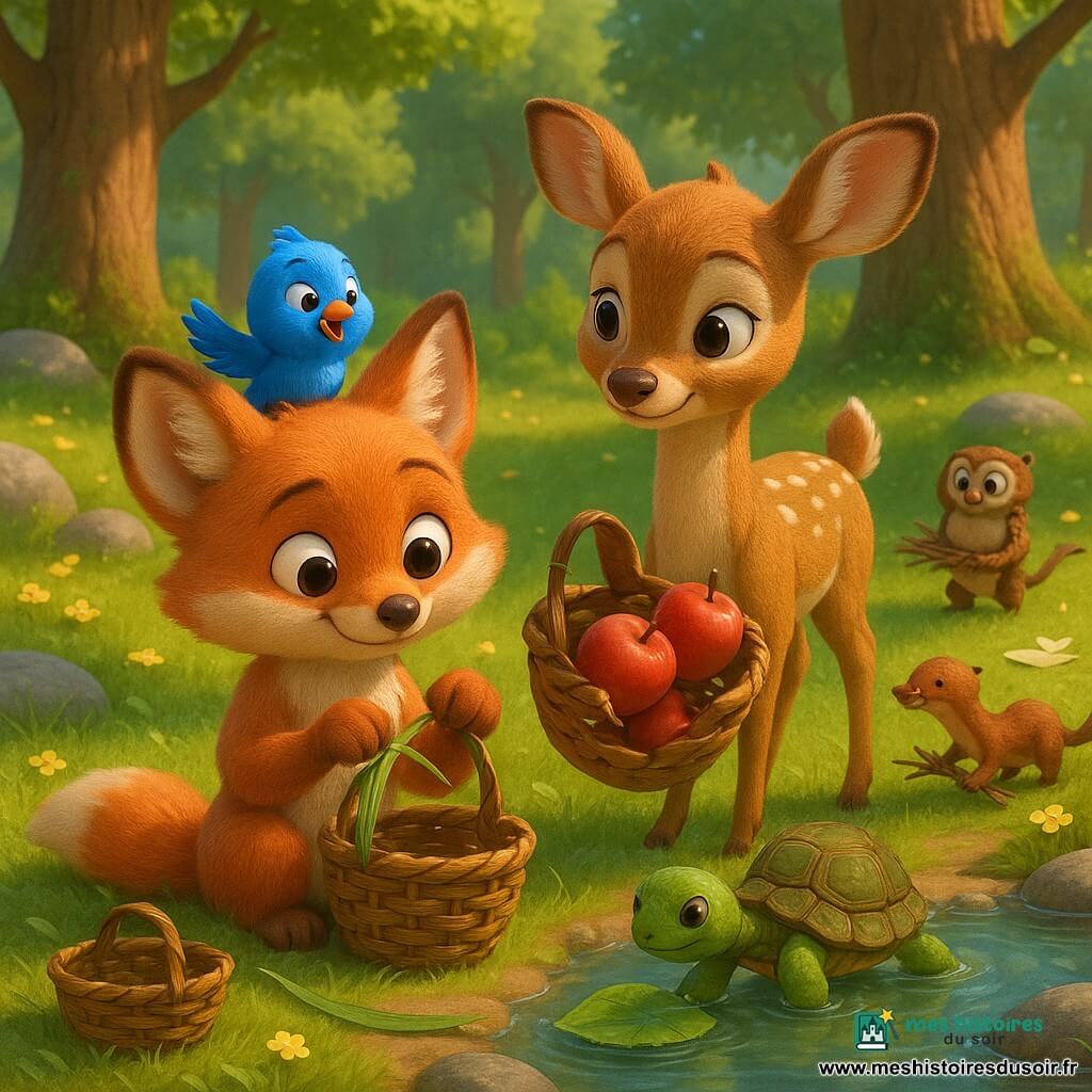 Petit renard roux assis, tressant une feuille pour réparer un panier rempli de pommes, entouré d’un jeune cerf tenant le panier, d’un oiseau bleu sur son épaule, d’une tortue dégageant la mare et d’une belette et d’un hibou ramassant des brindilles dans une clairière ensoleillée aux herbes et fleurs douces, ambiance chaleureuse et coopérative aux couleurs vives.