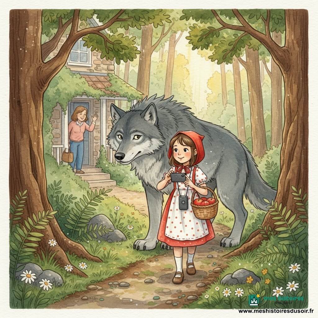 Le Petit Chaperon rouge, une fillette souriante mais prudente en cape rouge et robe à pois, porte un panier de pommes et avance sur un sentier boueux bordé de fougères et de chênes tandis qu'un grand loup gris la suit à distance en l'observant ; la mère, silhouette au porche d'une maison de pierre couverte de lierre, la salue, et la fillette prend des photos avec un petit téléphone en bandoulière dans une atmosphère douce et légèrement mystérieuse.