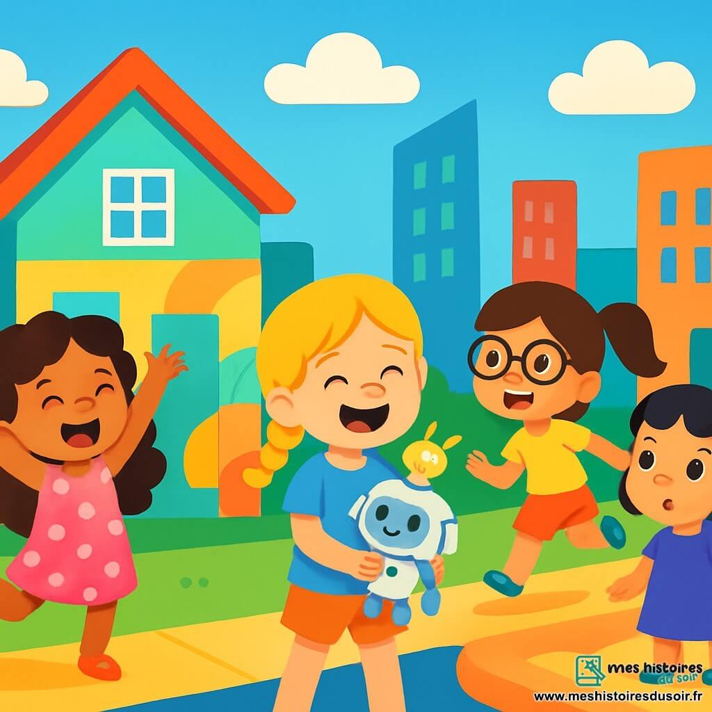 Quatre enfants explorent Lumiville, une ville futuriste. Lila, 8 ans, sautant joyeusement près d'une maison aux murs changeants, Mia, 7 ans, riant avec un robot lumineux, Zoé, 9 ans, courant vers une voiture autonome, et Jade, 6 ans, émerveillée sur un trottoir moelleux. Ils découvrent leur première journée au camp Magitec, entourés de merveilles technologiques, prêts à choisir leurs activités dans un décor coloré et lumineux.