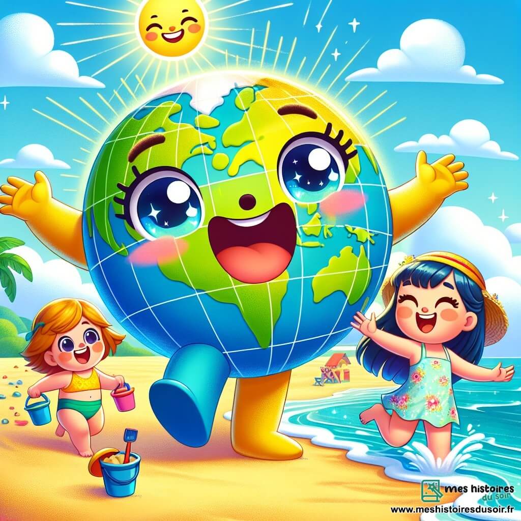Le personnage principal, un globe terrestre souriant et coloré, est sur la plage, les bras ouverts, débordant d'excitation. À ses côtés, le Petit Continent Américain, un personnage en forme de continent avec un large sourire, s'amuse dans les vagues. L'Asie, une petite fille en robe légère, court sur le sable avec un seau et une pelle, prête à construire un château de sable. La scène se déroule sur une plage ensoleillée avec des dunes de sable doré, des vagues scintillantes et des palmiers. Le globe et ses amis partagent des moments de joie sous le soleil, symbolisant l'esprit des vacances d'été.