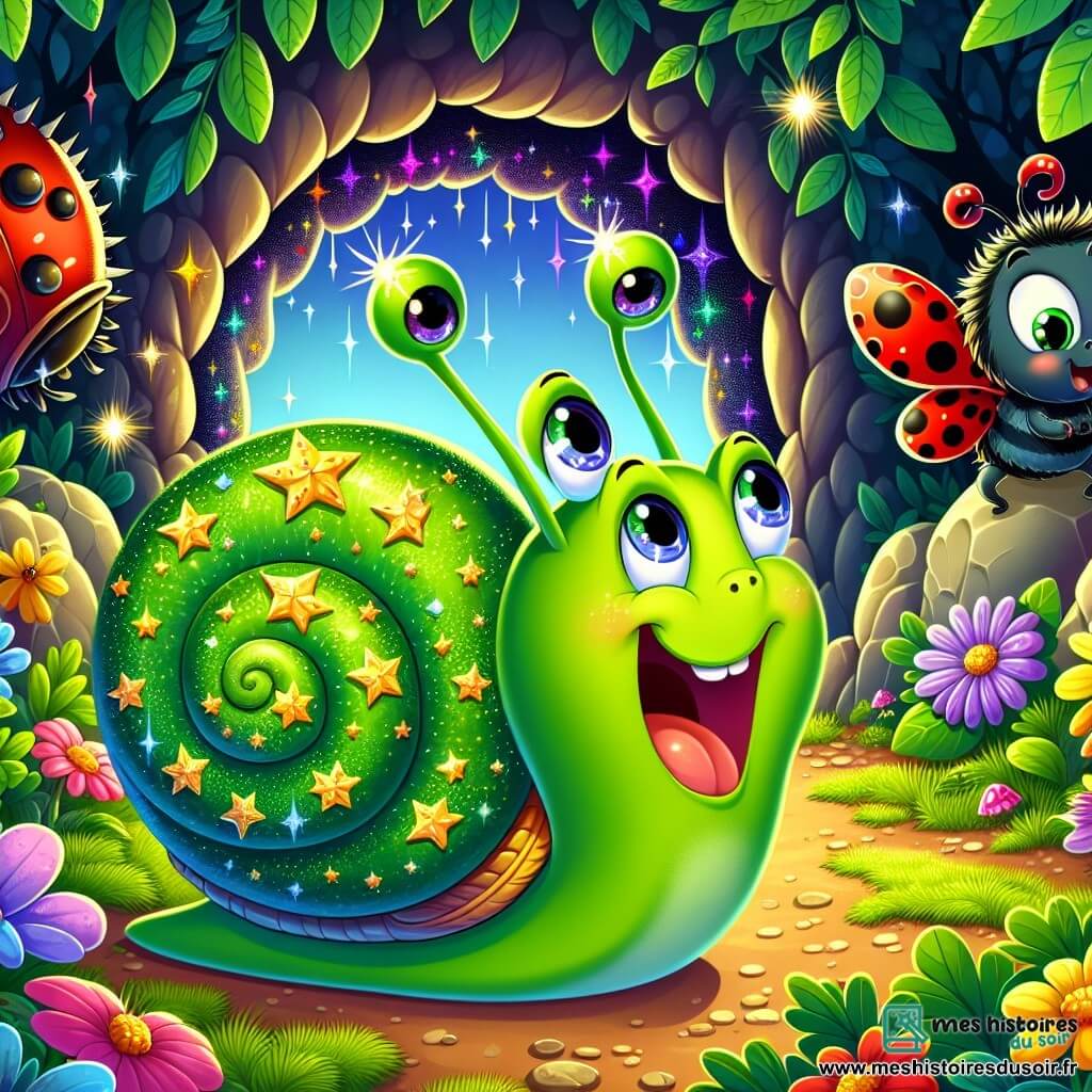 Illustration d'un petit escargot aux couleurs vives, avec une coquille verte ornée d'étoiles dorées, exprimant excitation devant une grotte mystérieuse. À côté, une coccinelle joyeuse, perchée sur une feuille, regarde avec émerveillement. Un hérisson malicieux, en retrait, observe la scène avec défi. La grotte sombre, aux murs scintillants de cristaux colorés, est entourée de ronces verdoyantes. Les amis sont prêts à entrer pour découvrir un trésor caché, avec des livres anciens visibles à l'intérieur. L'environnement est agrémenté de fleurs colorées et d'insectes amicaux, créant une atmosphère joyeuse contrastant avec l'obscurité de la grotte.