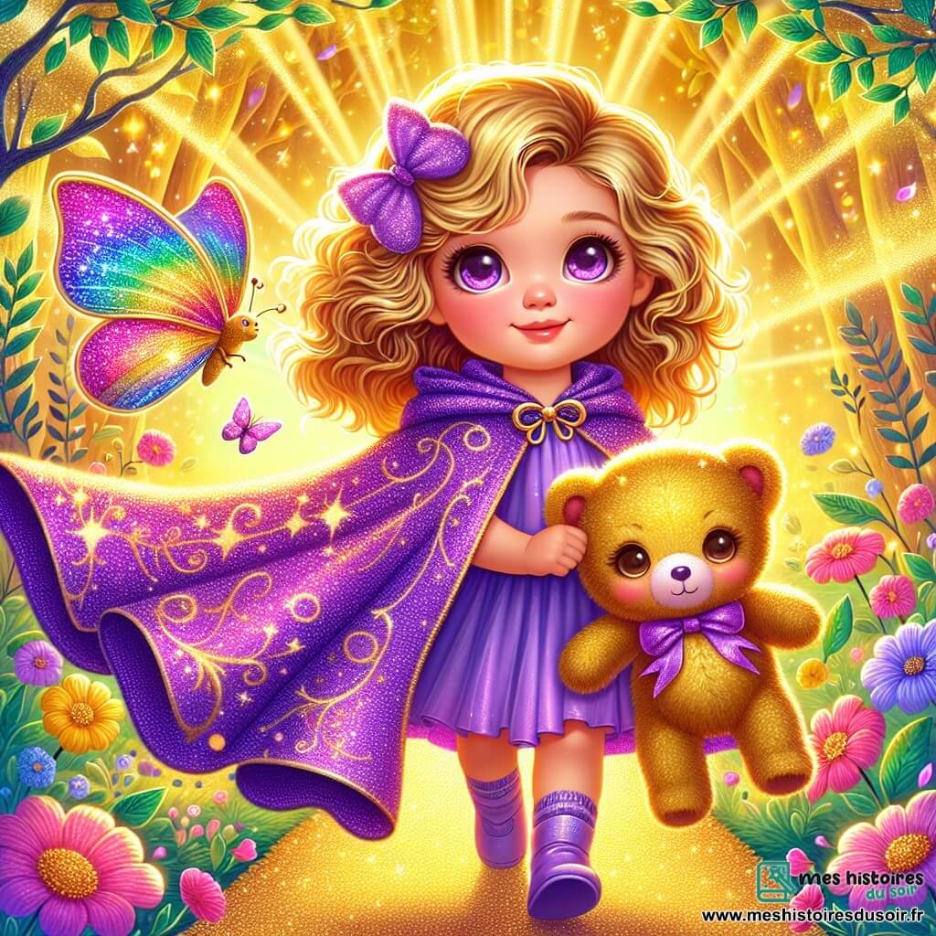Une petite fille de 2 ans, Lila, aux cheveux bouclés et dorés, porte une cape violette scintillante. Elle a des yeux pétillants de curiosité et un sourire émerveillé, tenant son doudou, un ours en peluche doux. Lila se tient sur un sentier d'une forêt dorée, entourée d'arbres aux feuilles brillantes et de fleurs colorées. À côté d'elle, un papillon arc-en-ciel vole joyeusement, lui chuchotant un secret. Des rayons de soleil filtrent à travers les branches, créant des motifs lumineux sur le sol. Lila, prête à partir à l'aventure, affiche une expression déterminée, tandis que le papillon l'encourage à retrouver la Lumière du Rêve.