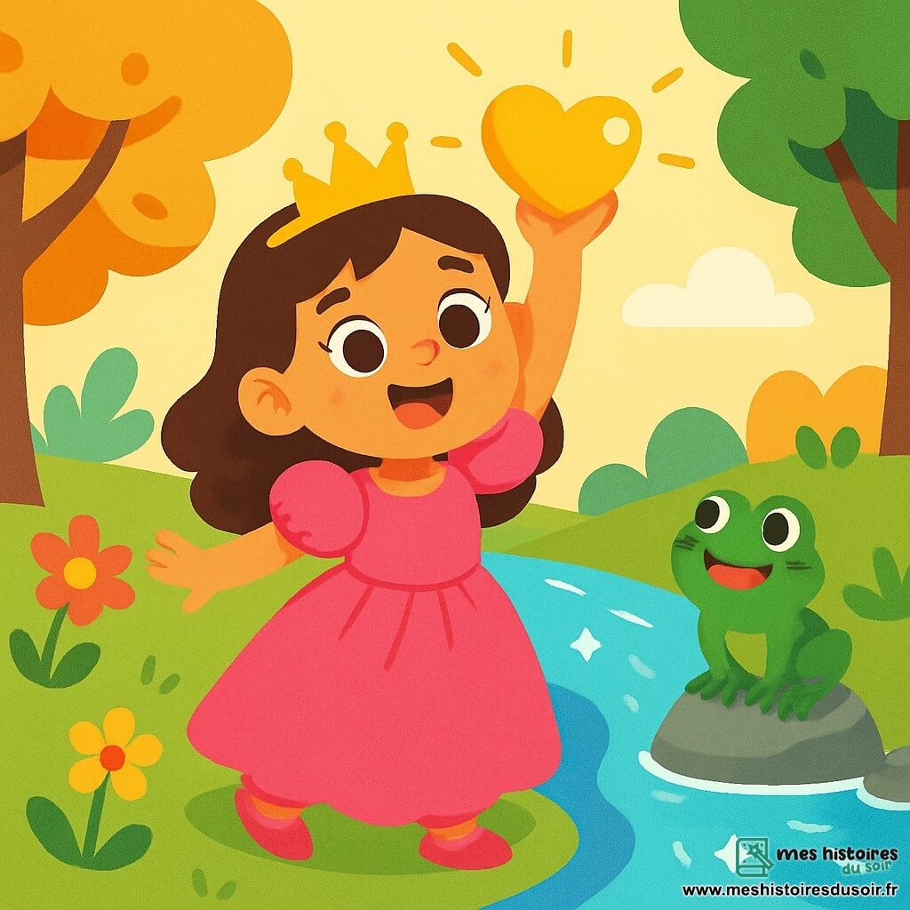 Une princesse nommée Lila, âgée d'environ 7 ans, porte une robe rose éclatante et une couronne scintillante. Elle a de grands yeux brillants et un sourire radieux, exprimant sa joie. Lila se tient au bord d'une rivière étincelante, les bras levés, tenant un cœur doré qui brille. À côté d'elle, une grenouille verte, sur une pierre, l'encourage en chantant. Le décor est une forêt magique avec des arbres colorés et des fleurs dansantes. La rivière, d'un bleu éclatant, reflète la lumière du soleil. Lila découvre le cœur doré, entourée de la magie de la nature et de l'amitié de la grenouille.