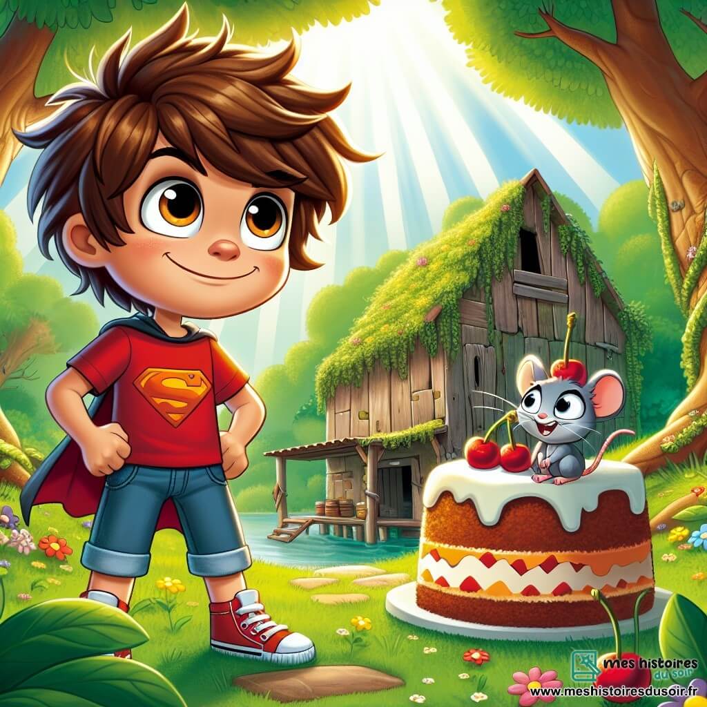 Lucas, un garçon de 10 ans aux cheveux châtains en bataille et aux yeux malicieux, se tient devant une vieille grange abandonnée. Il porte un t-shirt rouge à motif de super-héros et un short en jean, souriant avec détermination tout en tenant un énorme gâteau au thon décoré de cerises. À ses côtés, une petite mère souris grise, avec de grands yeux ronds, l'observe avec espoir, prête à l'encourager. La scène se déroule dans une forêt verdoyante, avec des arbres majestueux et des rayons de soleil illuminant le sol fleuri. La grange, en bois usé et recouverte de lierre, dégage une atmosphère mystérieuse. Lucas, concentré et audacieux, se prépare à défier un chat malicieux pour récupérer le fromage volé en lui offrant le gâteau.
