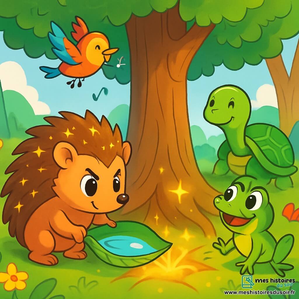 Un hérisson nommé Hector, avec des piquants brillants et des yeux déterminés, est accroupi près des racines d'un vieux chêne, tenant une grande feuille d'eau. À ses côtés, une grenouille verte nommée Lili saute joyeusement en l'admirant. Non loin, une tortue sage nommée Tula les observe avec bienveillance, tandis qu'un oiseau coloré, Coco, vole au-dessus d'eux, illuminé par le soleil. La scène se déroule dans une forêt enchantée où Hector et ses amis versent de l'eau autour des racines du chêne, créant une atmosphère magique et symbolisant leur solidarité.