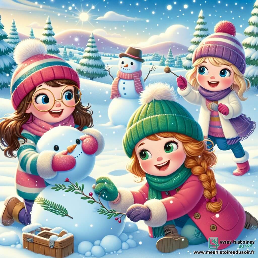 Trois filles joyeuses, Zoé, Mia et Lila, âgées d'environ 8 ans, se trouvent dans un parc enneigé. Zoé, cheveux bruns et lunettes rondes, roule une boule de neige. Mia, aux cheveux blonds bouclés, vêtue d'un manteau rose, lance des flocons de neige. Lila, avec des cheveux châtains et une tresse, accroupie, décore un bonhomme de neige. Le parc est recouvert de neige étincelante, les arbres sont blancs et le ciel est bleu avec quelques nuages. Les trois amies s'amusent à créer un bonhomme de neige sous une aurore boréale qui illumine le ciel.