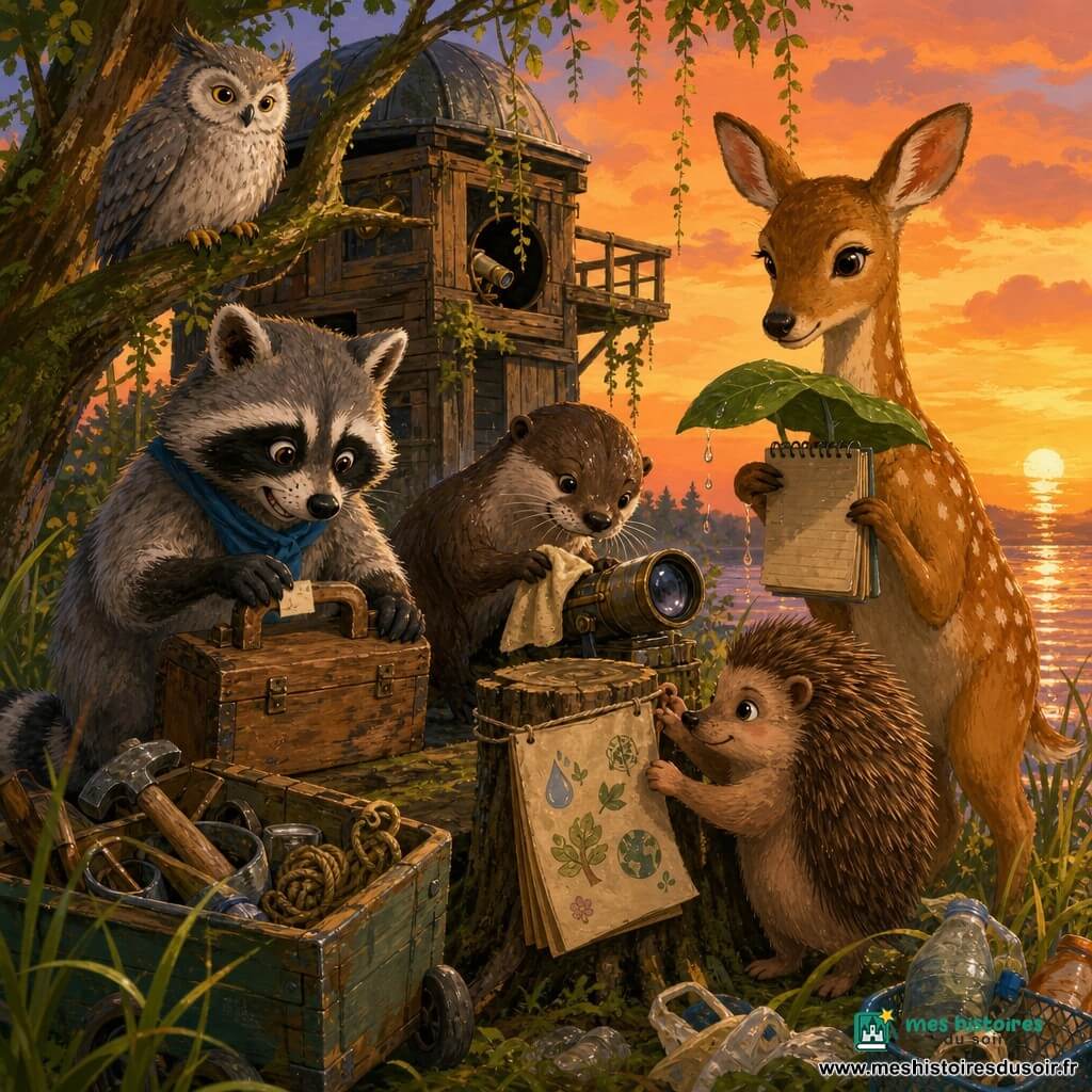 Rafi, petit raton laveur aux yeux vifs et masque noir, souriant, museau taché de cambouis, tient une boîte à outils en bois et colle une étiquette sur la poignée ; Lili la loutre, pelage brun luisant, accroupie, frotte une lentille avec un chiffon ; Colin le hérisson, rond et timide, attache une page de la charte à une souche ; Pivoine la biche, grande et délicate, protège un carnet avec une feuille large ; une chouette grise observe depuis une branche ; lieu : observatoire rustique en bois sur une colline au bord d’une rivière au coucher de soleil ; situation : les animaux réparent et décorent une charte écologique, ramassent quelques déchets plastiques et échangent des outils dans une ambiance collaborative et chaleureuse.