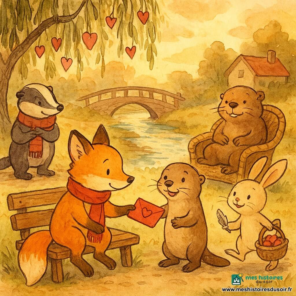 Milo, un petit renard au pelage miel et écharpe rouge, offre timidement une enveloppe rouge décorée d’un cœur à Nia, une loutre au regard pétillant tenant un minuscule bateau en écorce, assise sur un banc au bord d’une rivière de village sous un saule pleureur ; autour d’eux Pacha, un castor plus âgé, se repose dans un fauteuil en osier, Lila, une lapine, distribue des biscuits en forme de cœur depuis son panier et Timo, un blaireau, tient une grosse écharpe en souriant, le tout baigné d’une lumière douce de fin d’après-midi avec guirlandes de cœurs et couleurs aquarelle chaudes.