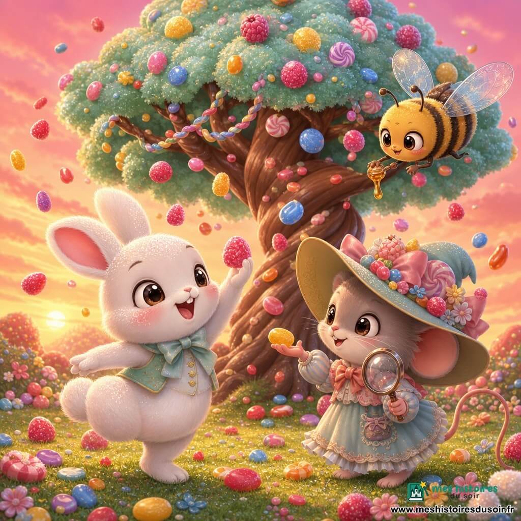 Petit lapin chibi Léo au pelage blanc nacré saupoudré, yeux ronds brillants et bouche ouverte de joie, danse en levant une patte pour attraper un bonbon coloré; Madame Grignote, petite souris chibi au chapeau trop grand et loupe, sourit en tendant la main pour recevoir un bonbon; une abeille ronde et malicieuse vole au-dessus en tenant une goutte de sirop doré; au centre, un grand arbre à bonbons au tronc brun tordu et feuilles vert menthe porte des douceurs pastel et des guirlandes de réglisse qui tombent en pluie; la clairière herbeuse parsemée de mini fleurs sous un ciel rose-orangé de coucher de soleil crée une lumière chaude et douce; l’ensemble dégage une ambiance festive, joyeuse et de partage tandis que des bonbons pleuvent autour des personnages.