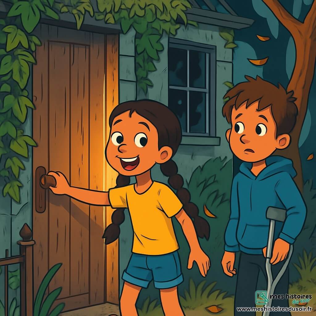 Deux personnages principaux se distinguent : Nina, une fille de 10 ans aux longues tresses brunes et yeux curieux, porte un t-shirt jaune et un short en jean. Elle est devant une vieille porte en bois, prête à l'ouvrir avec un sourire excité. Édouard, un garçon de 10 ans avec des cheveux châtains en bataille et une béquille, porte un sweat à capuche bleu et un pantalon noir, observant la scène avec curiosité et nervosité. Le lieu est une maison abandonnée, entourée d'arbres aux branches tordues et envahie par des mauvaises herbes. La façade est couverte de lierre et les fenêtres sont poussiéreuses et brisées, laissant entrevoir des ombres mystérieuses. Nina et Édouard sont devant la porte, prêts à entrer, une lumière douce filtrant à travers les fissures, créant une atmosphère intrigante et légèrement inquiétante.