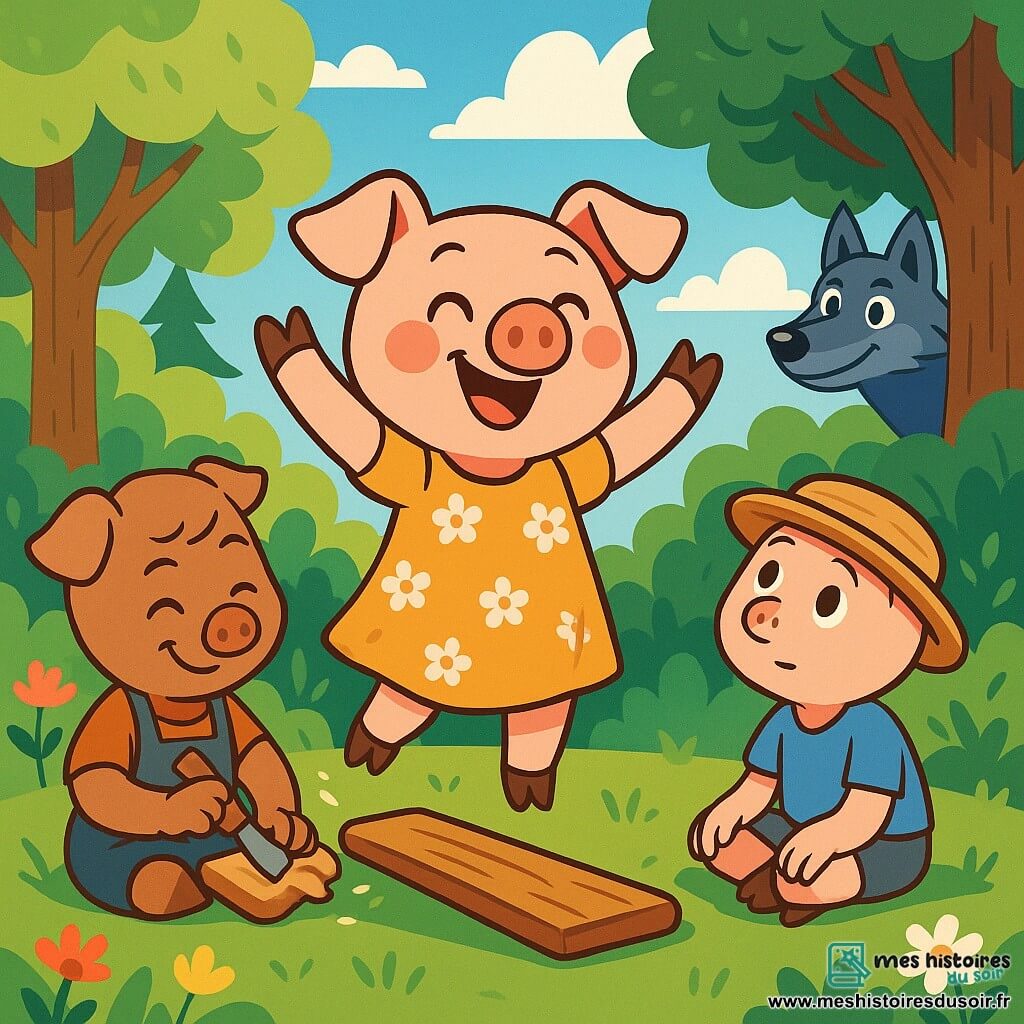 Au centre de l'image, Léane, la petite cochonne intrépide, est joyeuse et excitée. Elle a un pelage rose, des yeux malicieux et porte une petite robe à fleurs. Elle se tient debout sur une planche de bois, prête à s'envoler dans l'aventure. À sa droite, Pierre, le rêveur, est assis par terre, les yeux sur les nuages, avec un pelage clair et une casquette en paille. À gauche, Lucas, le bâtisseur, sculpte une pièce de bois avec un sourire, portant un tablier en toile. En arrière-plan, une forêt verdoyante avec des arbres majestueux et des fleurs colorées sous un ciel bleu clair illumine la scène. Léane est prête à partir à l'aventure avec ses frères, tandis que Grimou, le loup, les observe de loin, intrigué et curieux.