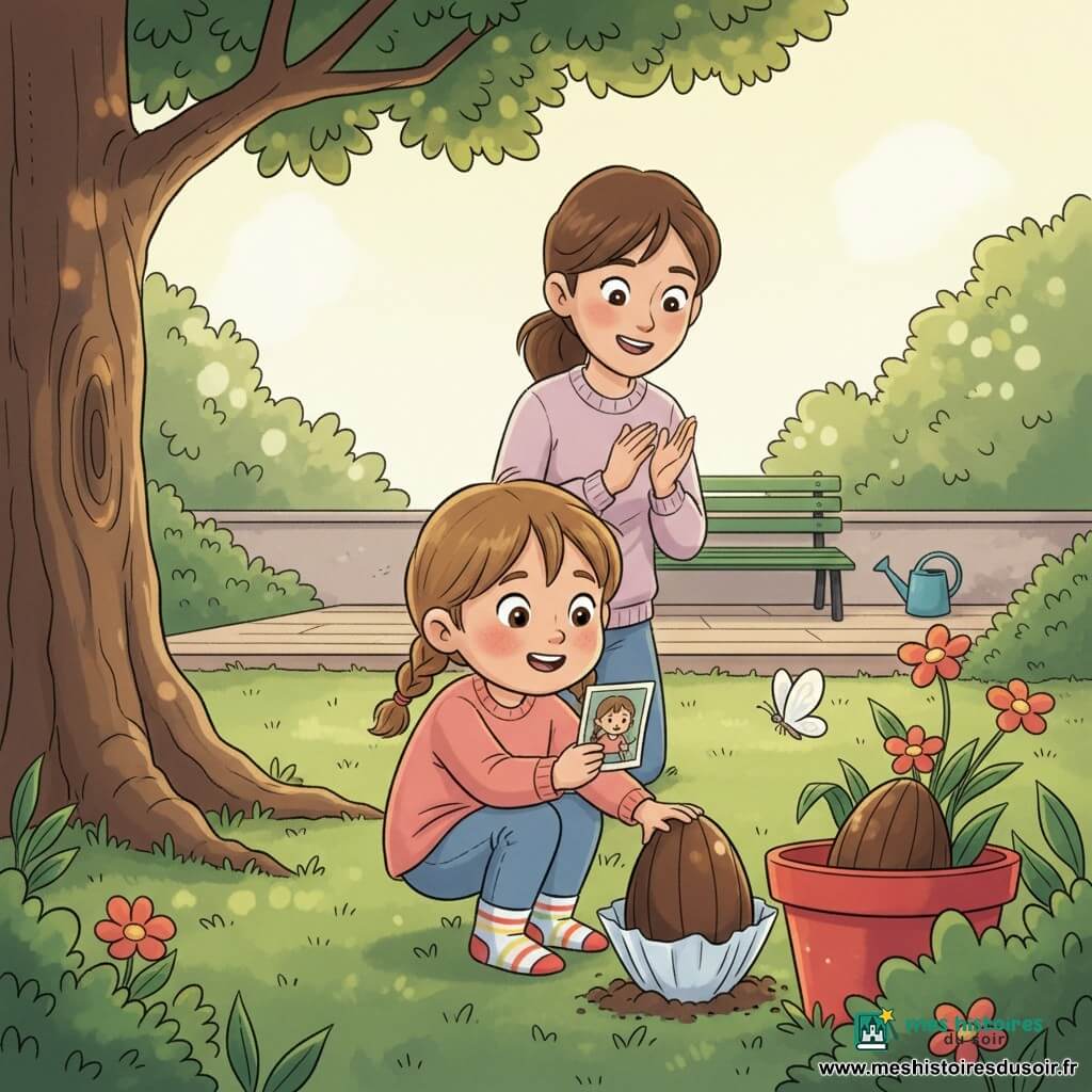 Fille de 4 ans émerveillée, couettes brun clair, yeux noisette, joues roses et chaussettes rayées, accroupie devant un pot de fleurs rouge, tenant une petite photo d’elle et tirant doucement un gros œuf en chocolat emballé; une mère d’environ 30 ans, châtain attaché, en pull et jean, souriante et applaudissant un pas derrière; un petit papillon blanc posé sur le rebord du pot; jardin lumineux avec herbe, grand arbre à gauche, terrasse en bois clair et pot rouge près d’un mur bas en arrière-plan; ambiance douce et joyeuse, couleurs pastel saturées, traits nets, contours arrondis et textures simples pour un rendu enfantin.