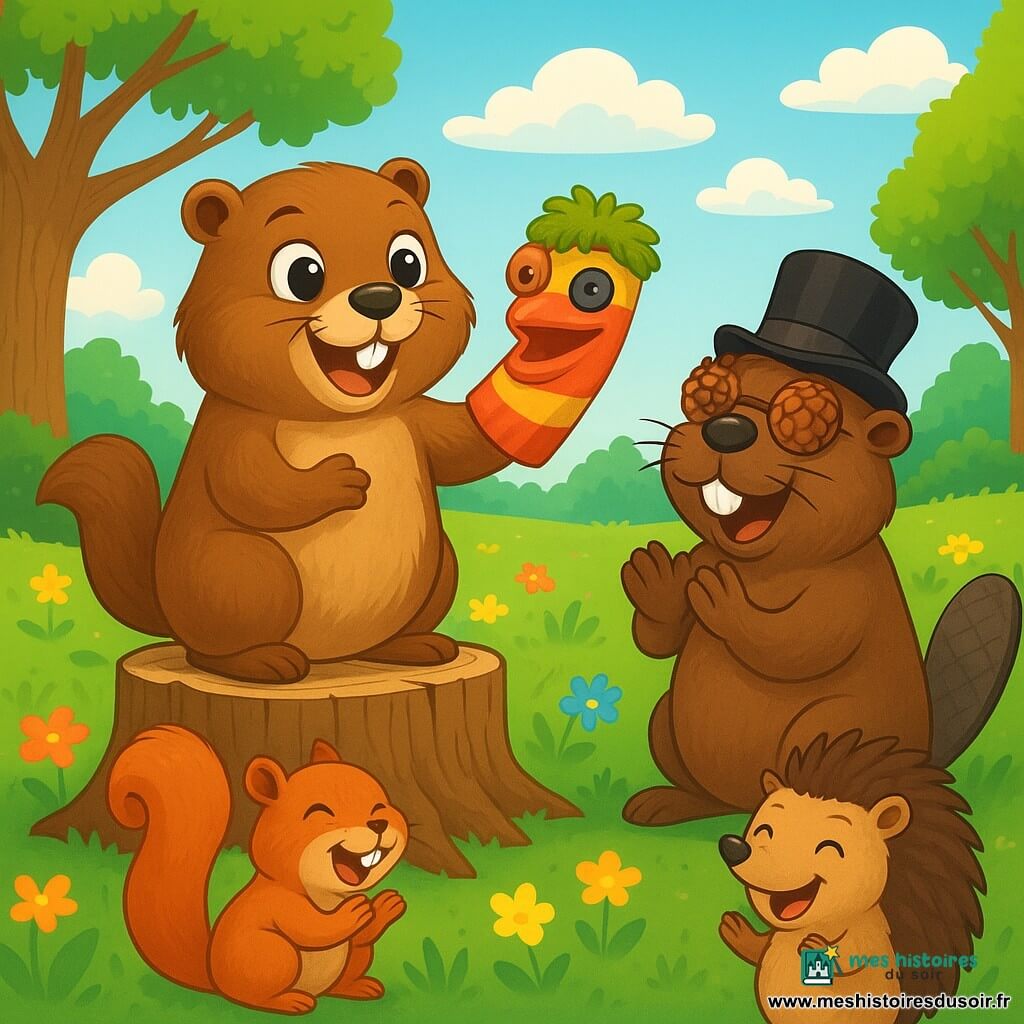 Une marmotte joyeuse, aux poils bruns et soyeux, se tient sur une souche en bois, souriante. Elle tient une marionnette en chaussette, Fanfan le Malin, dans une pose comique. À proximité, un castor au chapeau melon de travers applaudit avec enthousiasme. La scène se déroule dans une prairie verdoyante, entourée d'arbres, sous un ciel bleu. La marmotte improvise un spectacle hilarant, faisant rire tous les animaux rassemblés, dont un écureuil et un hérisson en première ligne.