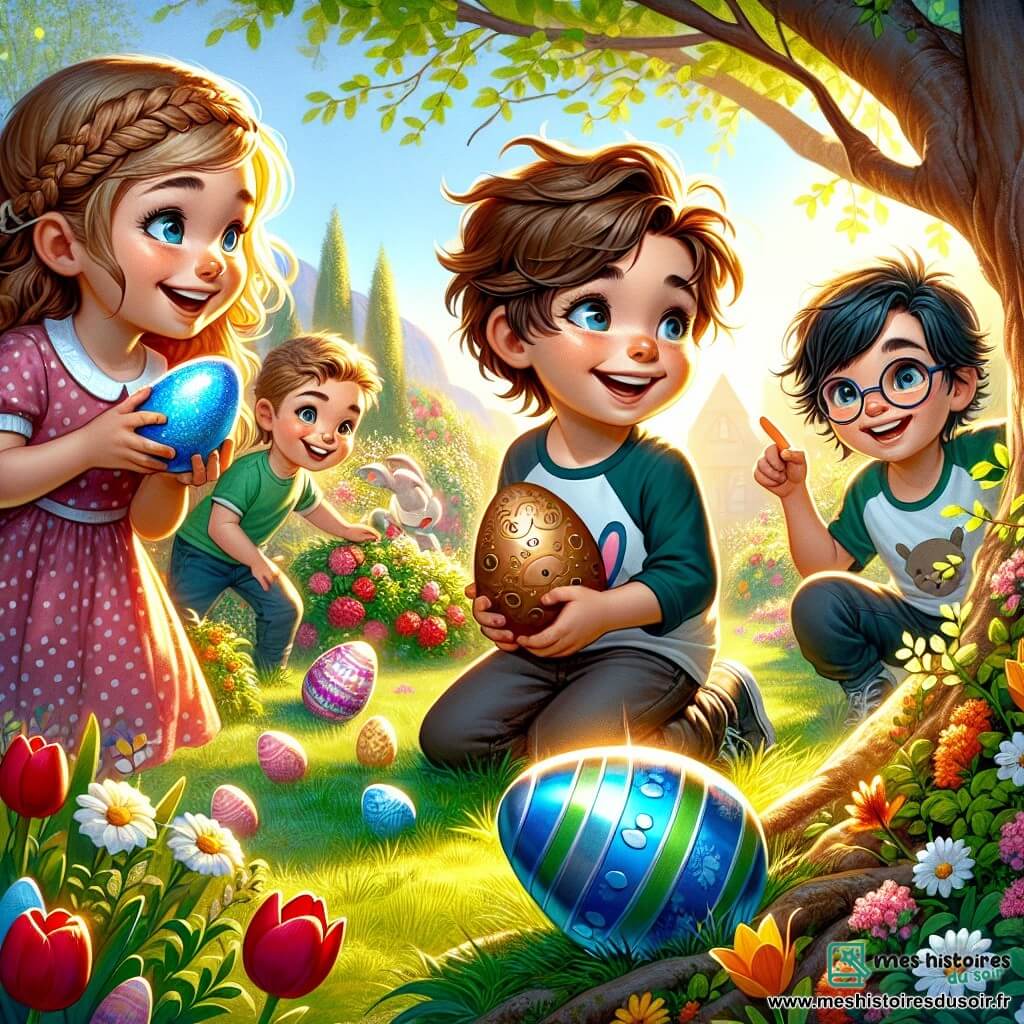 Dans un jardin ensoleillé, Lucas, 8 ans, avec des cheveux bruns et un t-shirt à lapin, est accroupi avec un œuf en chocolat bleu. Clara, 7 ans, cheveux blonds tressés et robe rose à pois, sourit avec un œuf en forme de lapin. Léo, 9 ans, avec des lunettes, pointe un grand œuf doré derrière un arbre. Max, 6 ans, aux cheveux noirs et t-shirt vert, découvre un œuf en chocolat près d'une souche. Le jardin est coloré avec des tulipes, jonquilles et pâquerettes, et un grand arbre offre de l'ombre. Les enfants, en chasse aux œufs de Pâques, rient et s'émerveillent, tandis qu'un éclat de lumière scintille autour de l'œuf doré.