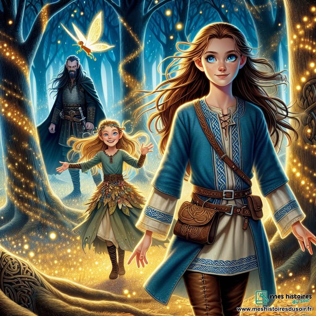 Freya, une jeune femme aux longs cheveux châtains, se tient fièrement au centre de la scène, exprimant une détermination lumineuse. Elle porte une tunique en lin bleu ornée de motifs celtiques et lève les bras, entourée d'une aura magique. À ses côtés, Luma, une fée aux ailes scintillantes et aux cheveux dorés, vole joyeusement en l'encourageant. En arrière-plan, le sorcier maléfique Bjorn, un homme d'âge moyen aux cheveux noirs, se tient dans l'ombre, prêt à lancer un sort. La scène se déroule dans une forêt enchantée, créant une atmosphère magique et mystérieuse, avec Freya prête à affronter Bjorn, tandis que Luma l'encourage.