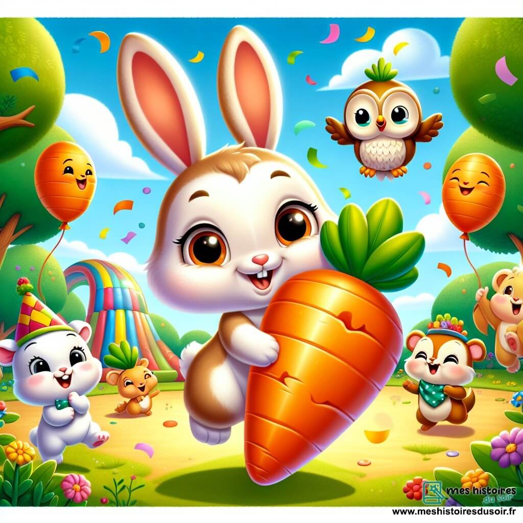 Léo, un petit lapin aux grandes oreilles blanches et au pelage brun, saute joyeusement dans une clairière ensoleillée, tenant une carotte géante décorée de confettis. À côté de lui, Oscar, le hibou sage, observe amusé depuis une branche, portant un chapeau en forme de carotte. Mimi, la souris espiègle, essaie d'éclater un ballon coloré en forme de carotte. La clairière, entourée d'arbres verts et de fleurs dansantes, abrite un toboggan en forme de carotte. Léo et ses amis préparent une fête de la carotte, remplie de rires et de joie.