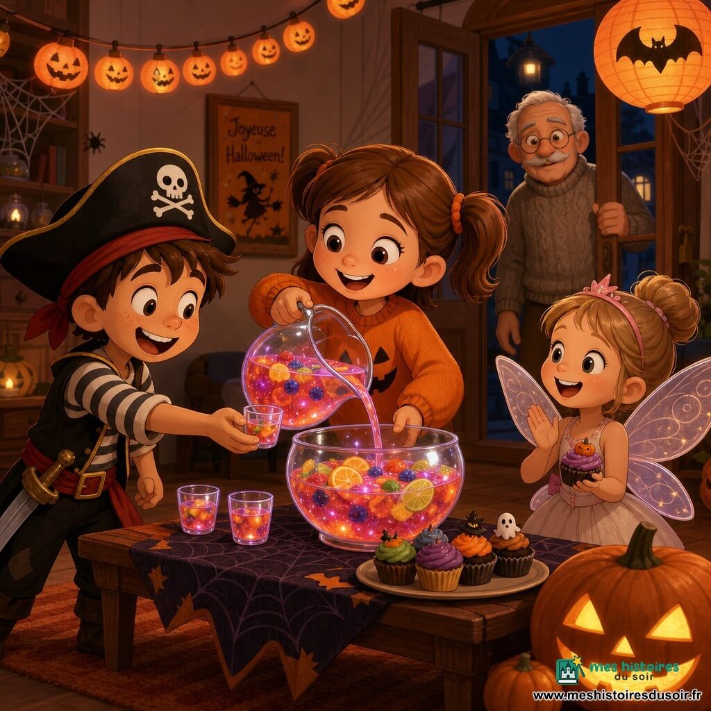 Émilie, 8 ans, cheveux châtains en couette et pull orange, verse depuis un grand bol un jus multicolore brillant dans des petits verres ; à sa gauche Lucas, ~9 ans déguisé en pirate, tend la main, à sa droite Léa, ~7 ans déguisée en fée, applaudit en tenant un cupcake ; Monsieur Dupont, ~70 ans et moustachu, observe la scène depuis une porte ou une fenêtre entrouverte avec un sourire attendri ; intérieur : salon chaleureux décoré pour Halloween (lumière orange douce, guirlandes de petites citrouilles lumineuses, grosses citrouilles sculptées, toiles d'araignée décoratives, lanternes en papier) ; ambiance conviviale et joyeuse centrée sur le geste de partage d'Émilie ; style : rendu 3D cartoon cel-shading, couleurs saturées, textures nettes et volumes ronds.