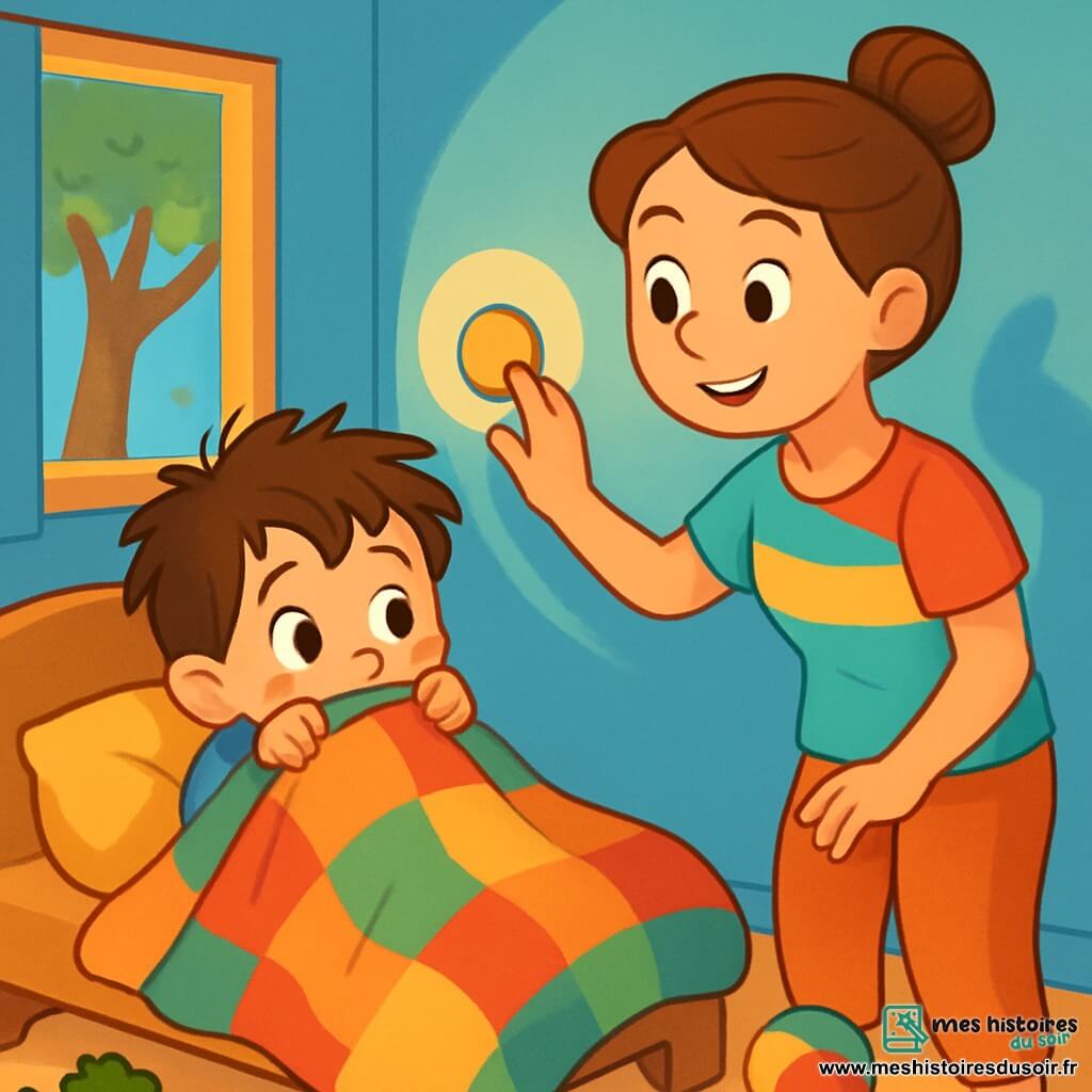 Un petit garçon de 2 ans, aux cheveux bruns en désordre et aux grands yeux curieux, se cache sous une couverture colorée, affichant une expression de peur mêlée de curiosité en regardant une ombre sur le mur. Sa maman, souriante, d'environ 30 ans, aux cheveux châtains en chignon, se tient à côté de lui, prête à allumer la lumière. La scène se déroule dans une chambre d'enfant chaleureuse, avec des murs bleu pastel et des jouets éparpillés. Le garçon observe l'ombre qui bouge lentement, tandis que sa maman s'apprête à dissiper ses craintes.