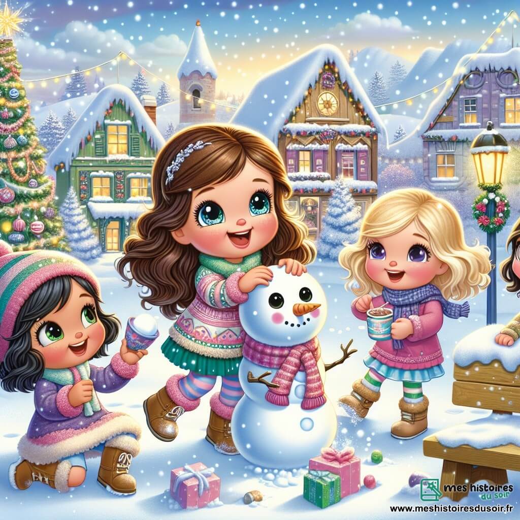 Quatre petites filles de cinq ans, Clara, Lila, Zoé et Chloé, jouent dans la neige. Clara, souriante, fait un bonhomme de neige. Lila, aux cheveux bouclés et blonds, lance une boule de neige vers Zoé, qui tient un gobelet de chocolat chaud. Chloé, aux cheveux lisses et noirs, les observe avec un sourire. Le décor est une place de village en hiver, avec des maisons colorées et un sapin décoré. Des flocons de neige tombent, créant une atmosphère magique. Les amies partagent des moments de joie sous le soleil, tandis que des Aurores Boréales dansent dans le ciel au loin.