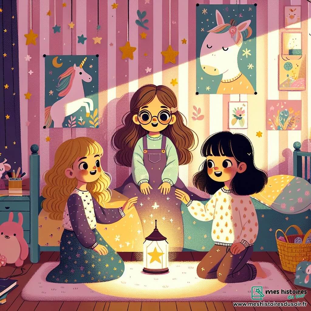 Dans une chambre chaleureuse, trois petites filles sont réunies. Lila, 7 ans, avec de longs cheveux bruns et des lunettes rondes, est assise sur son lit, effrayée. À sa droite, Mia, 6 ans, aux cheveux blonds et bouclés, tient une lampe en forme d’étoile qui éclaire doucement la pièce. À gauche, Zoé, 7 ans, avec des cheveux raides et noirs, fait des ombres sur le mur en souriant. La chambre est décorée de murs pastel, de posters de licornes et d'étoiles scintillantes, avec un tapis moelleux au sol et des jouets éparpillés. La lumière de la lampe crée des ombres dansantes, ajoutant une atmosphère magique. Les trois amies jouent ensemble, transformant leur peur du noir en un jeu d’ombres et de rires, découvrant que la nuit peut être douce et pleine d’aventures.