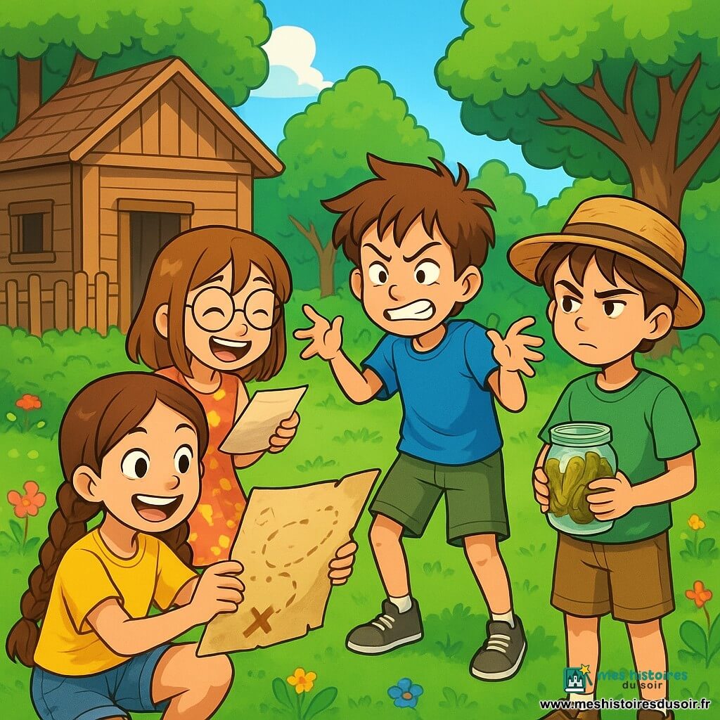 Zoé, une fille de 10 ans avec de longs cheveux bruns en tresses, porte un t-shirt jaune vif et un short en jean. Elle sourit avec malice, accroupie devant une cabane en bois, tenant une carte au trésor. À côté d'elle, Léon, un garçon de 10 ans aux cheveux ébouriffés et t-shirt bleu, fait une grimace de pirate. Anna, une autre fille de 10 ans avec des lunettes rondes et une robe à fleurs, rit en lisant une liste accrochée à une tartine. Sami, un garçon de 10 ans avec un chapeau de paille et un bocal de cornichons, observe sérieusement. La scène se déroule dans un parc verdoyant avec une cabane rustique, où les quatre amis se préparent à partir à l'aventure pour découvrir le « Trésor Caché du Parc de la Gaufrette ».