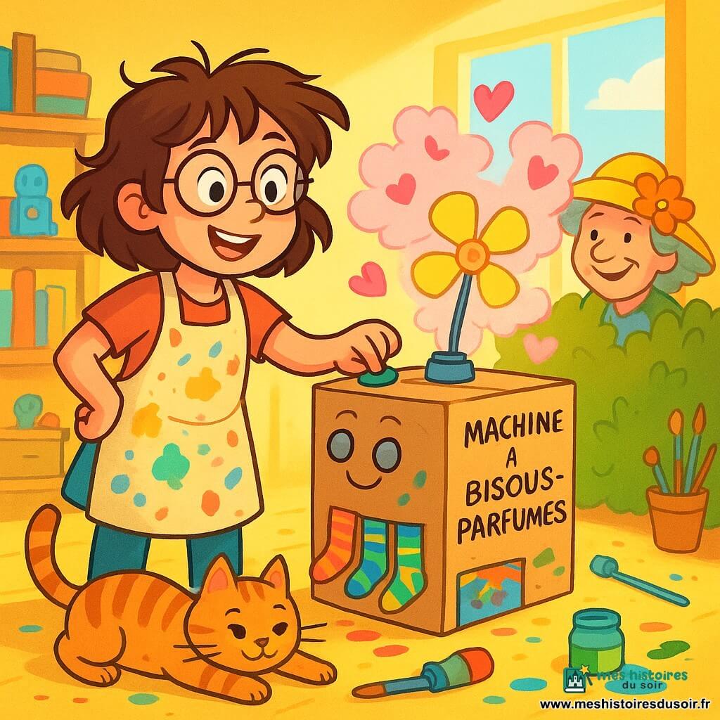 Lila, une jeune femme souriante avec des lunettes rondes et des cheveux en désordre, se trouve dans son atelier en désordre, entourée de pots de peinture et d'outils éparpillés. Elle porte un grand tablier taché et a un regard pétillant d'excitation en ajustant sa Machine à Bisous-Parfumés, une boîte en carton décorée de chaussettes colorées et d'un ventilateur brillant. À côté d'elle, Minou, un chat rayé, s'étire sur le sol, curieux de la machine. Plus loin, Madame Rosa, une femme âgée au grand chapeau fleuri, se penche par-dessus la haie, intriguée. L'atelier est lumineux, avec des rayons de soleil illuminant les étagères chargées de livres et de jouets, créant une atmosphère joyeuse. La scène principale montre Lila appuyant sur le bouton de sa machine, libérant un nuage de bisous parfumés, tandis que Minou cligne des yeux de surprise et que Madame Rosa sourit, ravie.