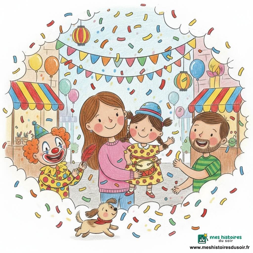 Lila, 2 ans, souriante et émerveillée, joue avec un petit tambour rouge et attrape des confettis ; elle a des couettes brunes, un chapeau rond bleu, de grosses joues roses et une robe jaune à fleurs. À gauche, un clown maquillé et joyeux tend une plume rouge, derrière elle sa maman tendre la porte dans les bras et à droite son papa, surpris et riant, lui montre un confetti ; un petit chien beige au foulard rouge court en remuant la queue. La rue du carnaval est décorée de guirlandes, ballons, lampions et stands rayés, des confettis tombent en pluie autour des personnages ; ambiance joyeuse, colorée, lumineuse, traits simples et textures crayonnées, formes rondes et couleurs saturées.